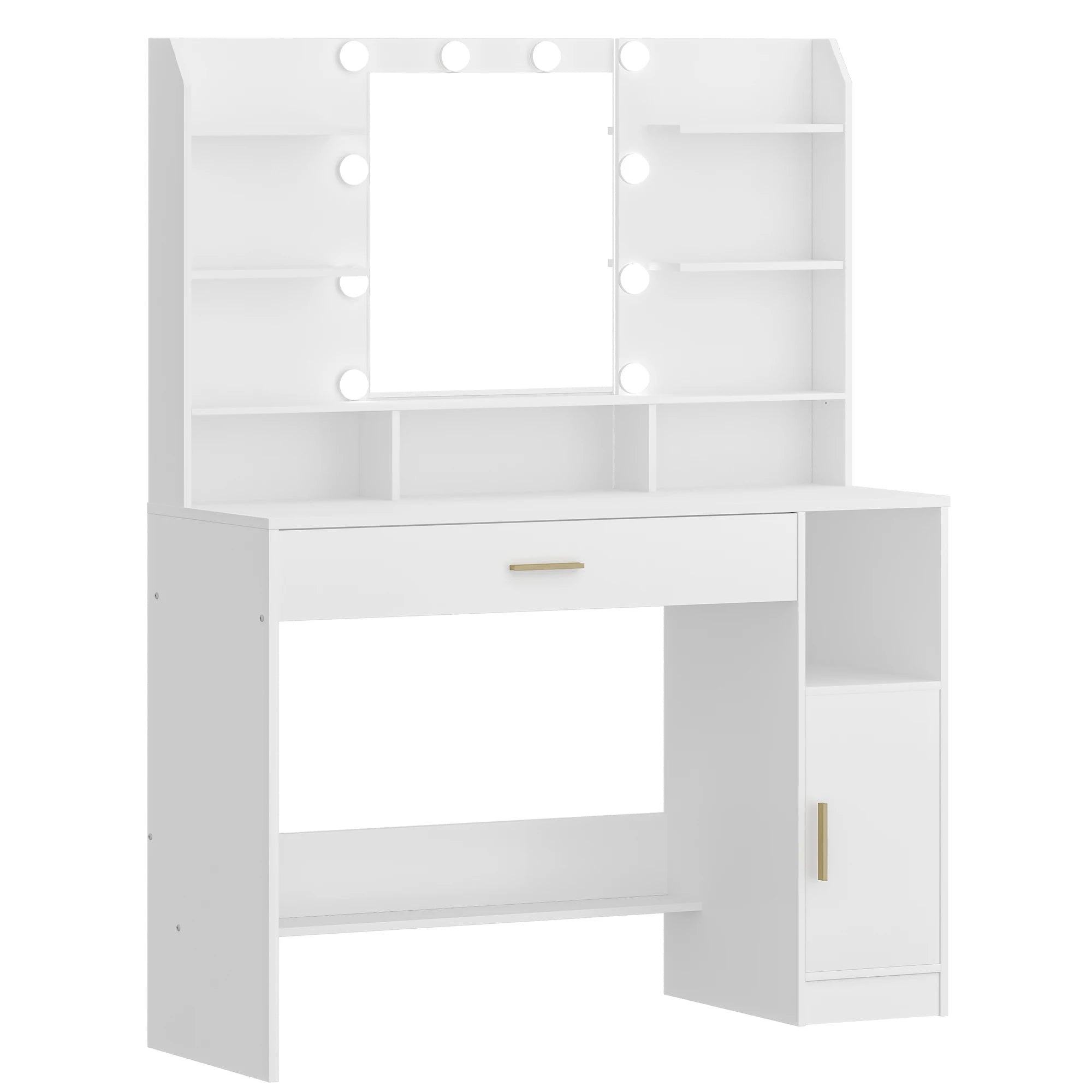 Kaptafel met Spiegel en LED Verlichting – Moderne Make-up Tafel met Lades, Open Opbergruimte en Verstelbare Verlichting – Wit