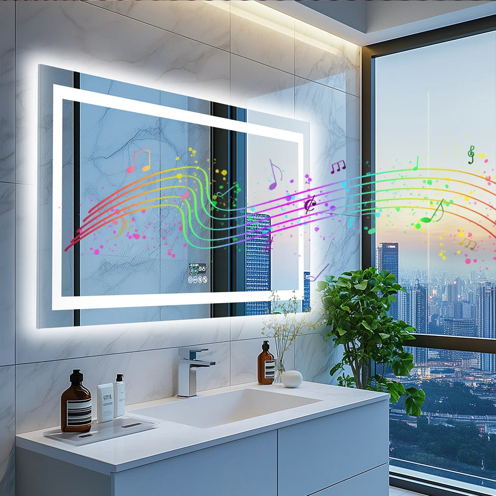 LED Badkamerspiegel met Bluetooth Speaker, Dimbare Verlichting, Anti-Condens & Display – Moderne Badkamerspiegel met Verlichting