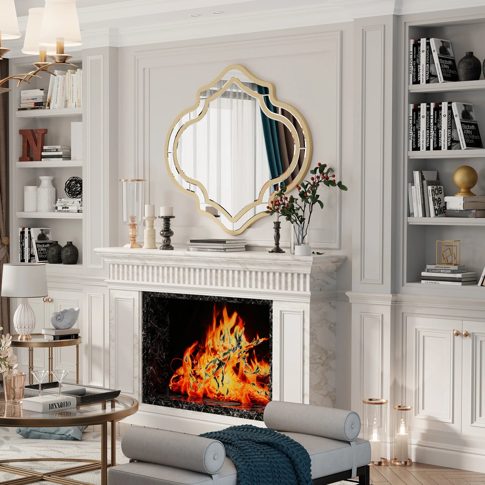 Grote Luxe Gouden Wandspiegel met Facetglas en Houten Lijst – Decoratieve Spiegel voor Woonkamer