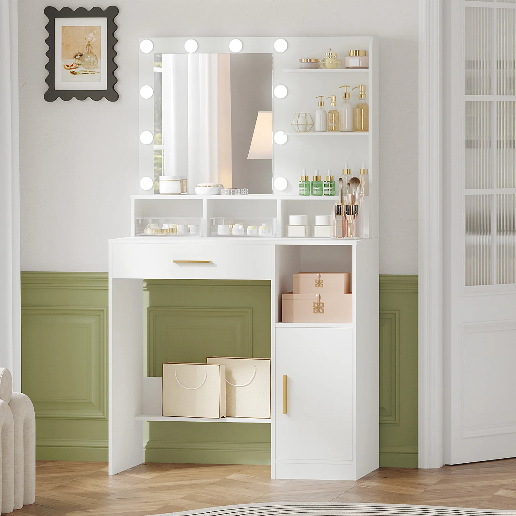 Make-up Tafel met Spiegel en LED Verlichting – Dressing Table met Lade, Planken en Opbergruimte – Modern Minimalistisch