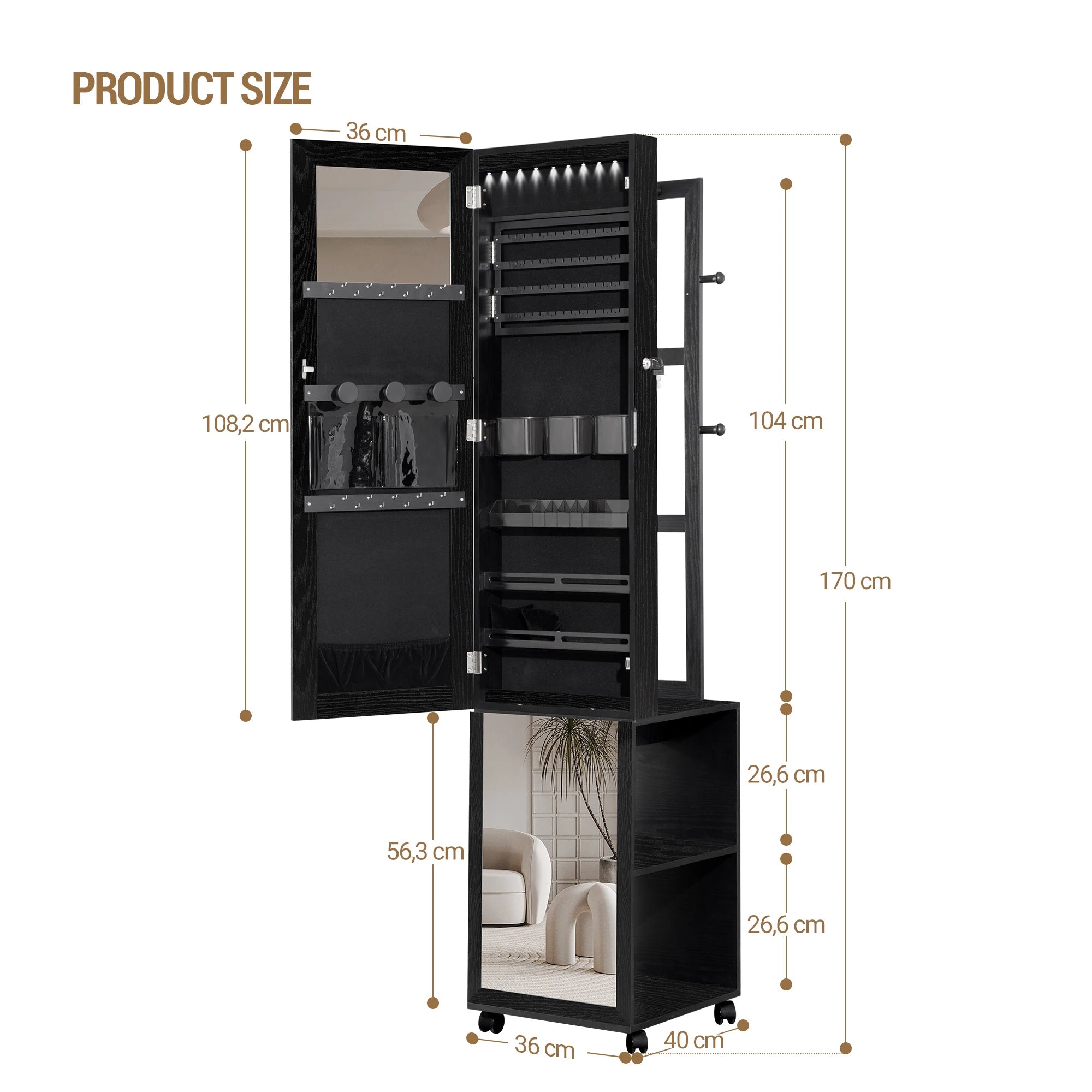 Sieradenkast met Spiegel en LED Verlichting – Staande Sieraden Organizer met Kledingrek, Opbergrek en Wielen