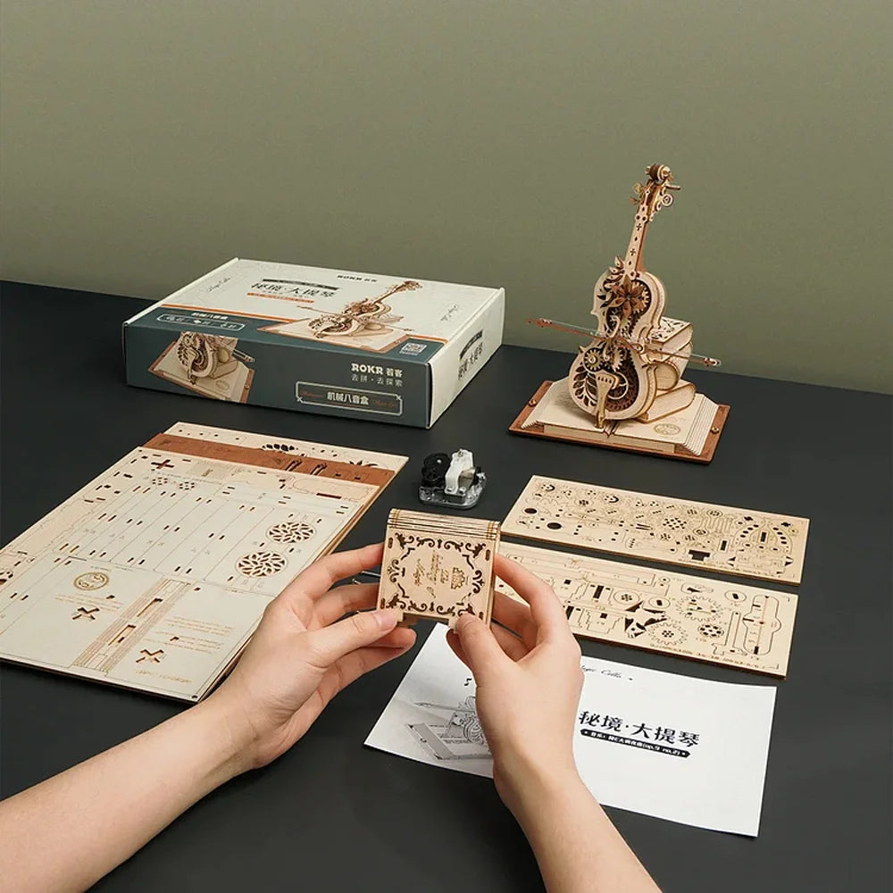 3D Houten Puzzel Cello Muziekdoos – Mechanisch Bouwpakket Creatief Speelgoed voor Kinderen en Volwassenen