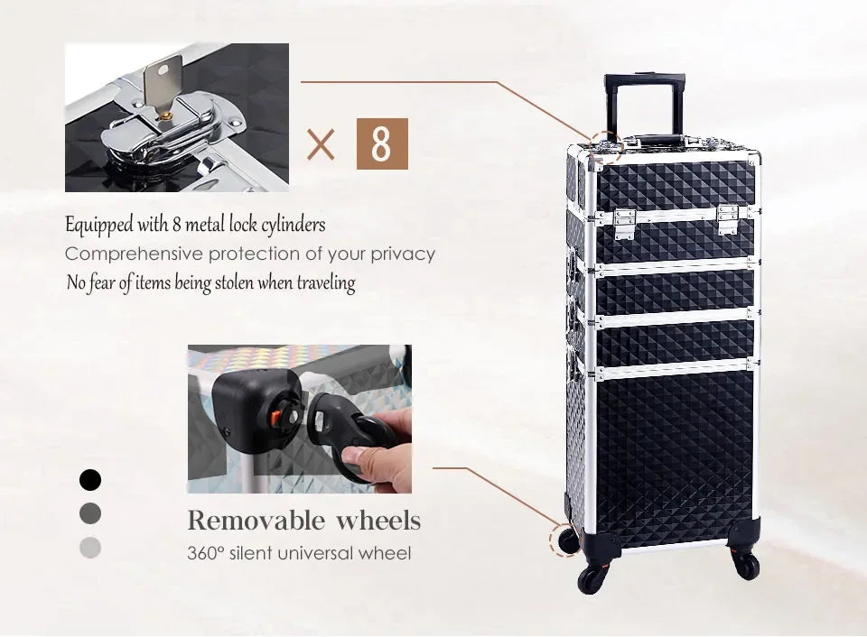 Professionele Make-up Trolley Koffer 4-in-1 – Aluminium Opbergkoffer met Wieltjes en Afneembare Compartimenten – Voor Cosmetica, Nageltools en Reis