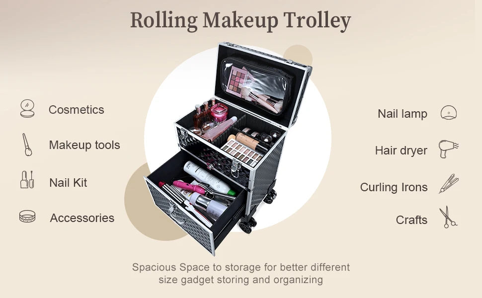 Professionele Rollende Make-up Koffer met Lade – Cosmetica Organizer Trolley voor Make-up Artisten