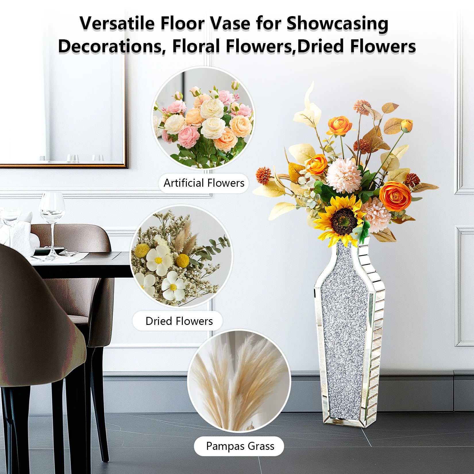 Luxe Zilveren Vloervaas met Diamant Design – Grote Glazen Kristal Bloemenvaas – Modern & Hotel Chique Interieur