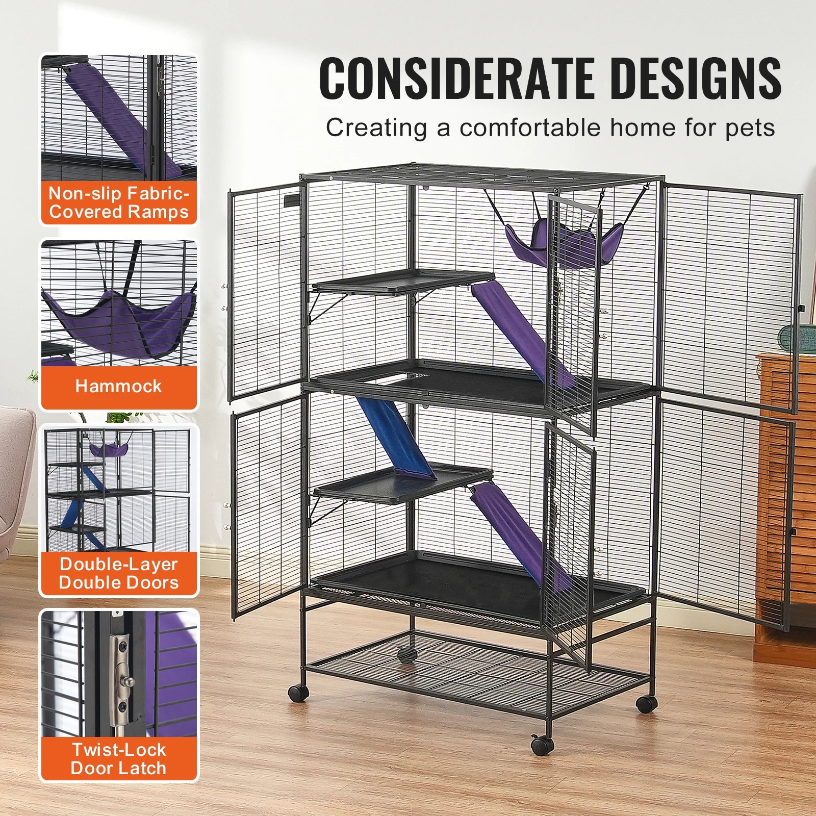 Grote Frettenkooi 164 cm met 4 Lagen – Metalen Dierenkooi met Platforms, Hangmat & Wielen – Voor Fretten, Chinchilla’s & Cavia’s