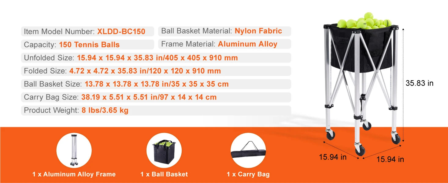 Opvouwbare Tennisballenkar met Wielen – 180 Ballen Capaciteit – Lichtgewicht Aluminium Tennis Ballenwagen voor Training & Coaching