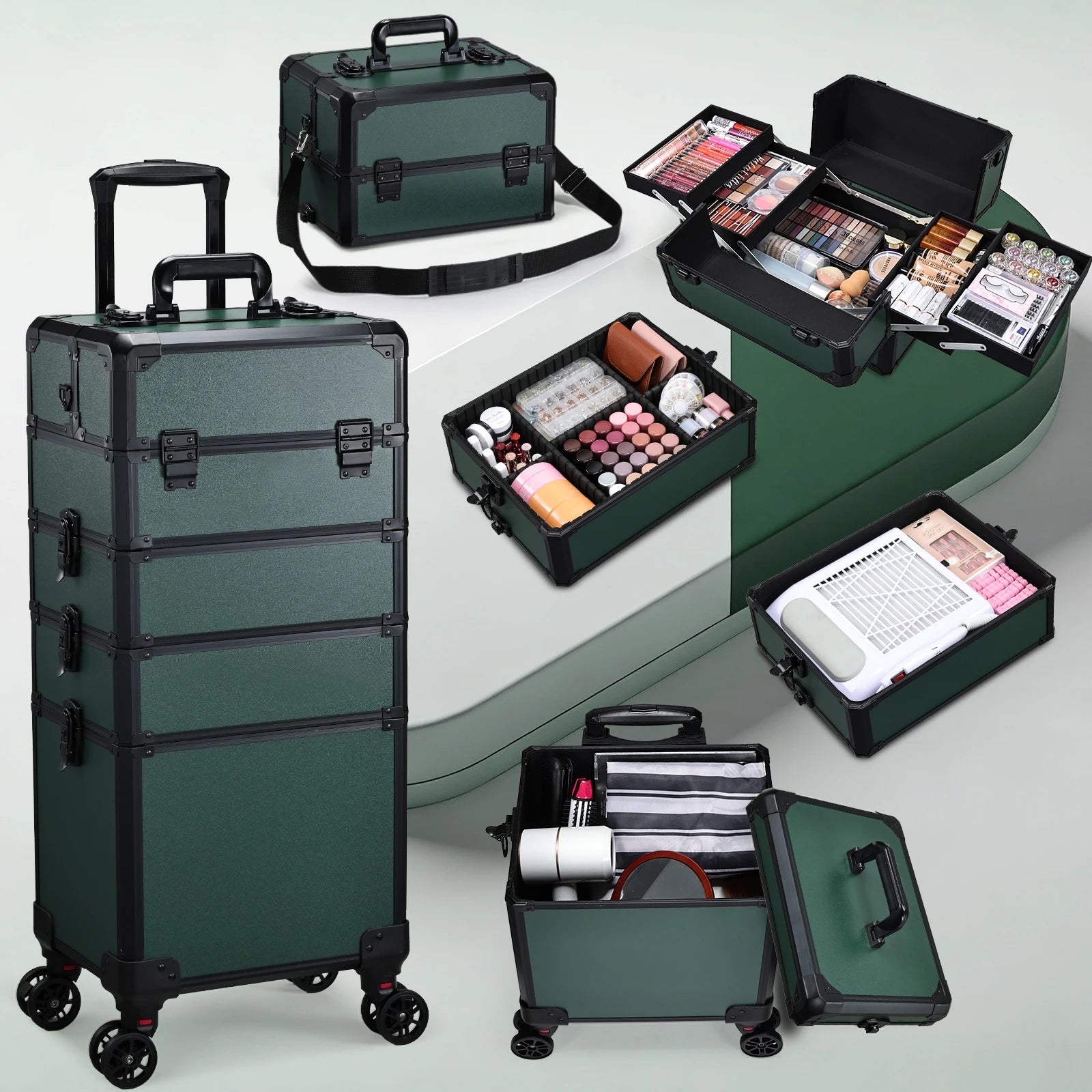 Professionele Rollende Make-up Koffer 5-in-1 – Groot, Duurzaam en Lichtgewicht Trolley voor Cosmetica en Beauty Accessoires