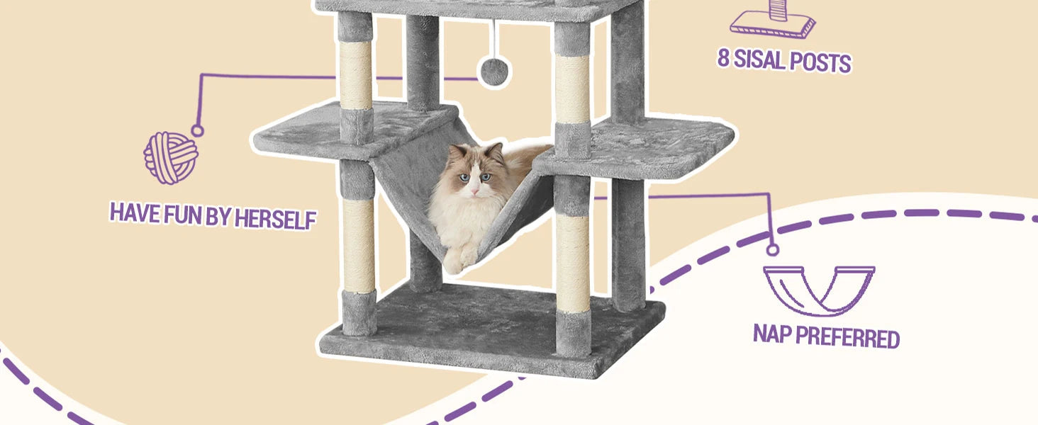 210 cm Grote Krabpaal Kattenboom – Luxe Multi-Level Kattenhuis met Krabpalen, Hangmat & Speelgoed voor Grote en Meerdere Katten