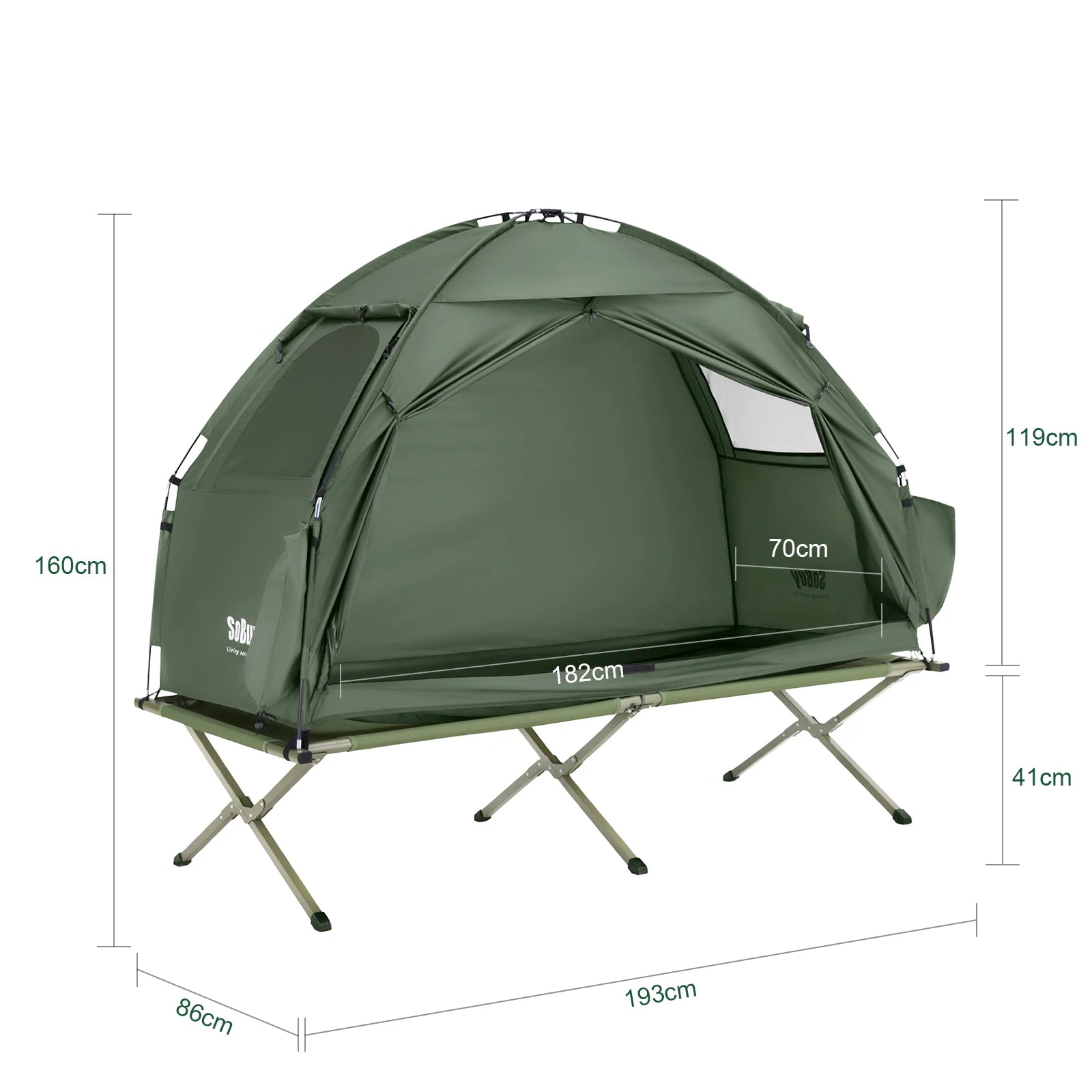 3-in-1 Eenpersoons Campingtent Groen – Lichtgewicht Outdoor Tent met Muskietennet & Opklapbaar Campingbed
