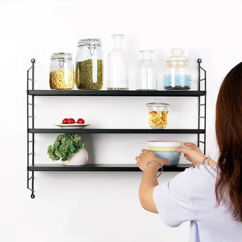 Moderne Zwevende Wandplanken 23 Inch – Industrieel Wandrek met Metaal en Hout = 3-Laags Verstelbare Wandplank