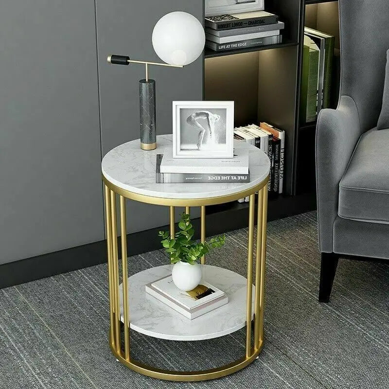 2-Laags Ronde Bijzettafel met Marmerlook – Moderne Salontafel & Nachtkastje met Opbergruimte – Wit Design