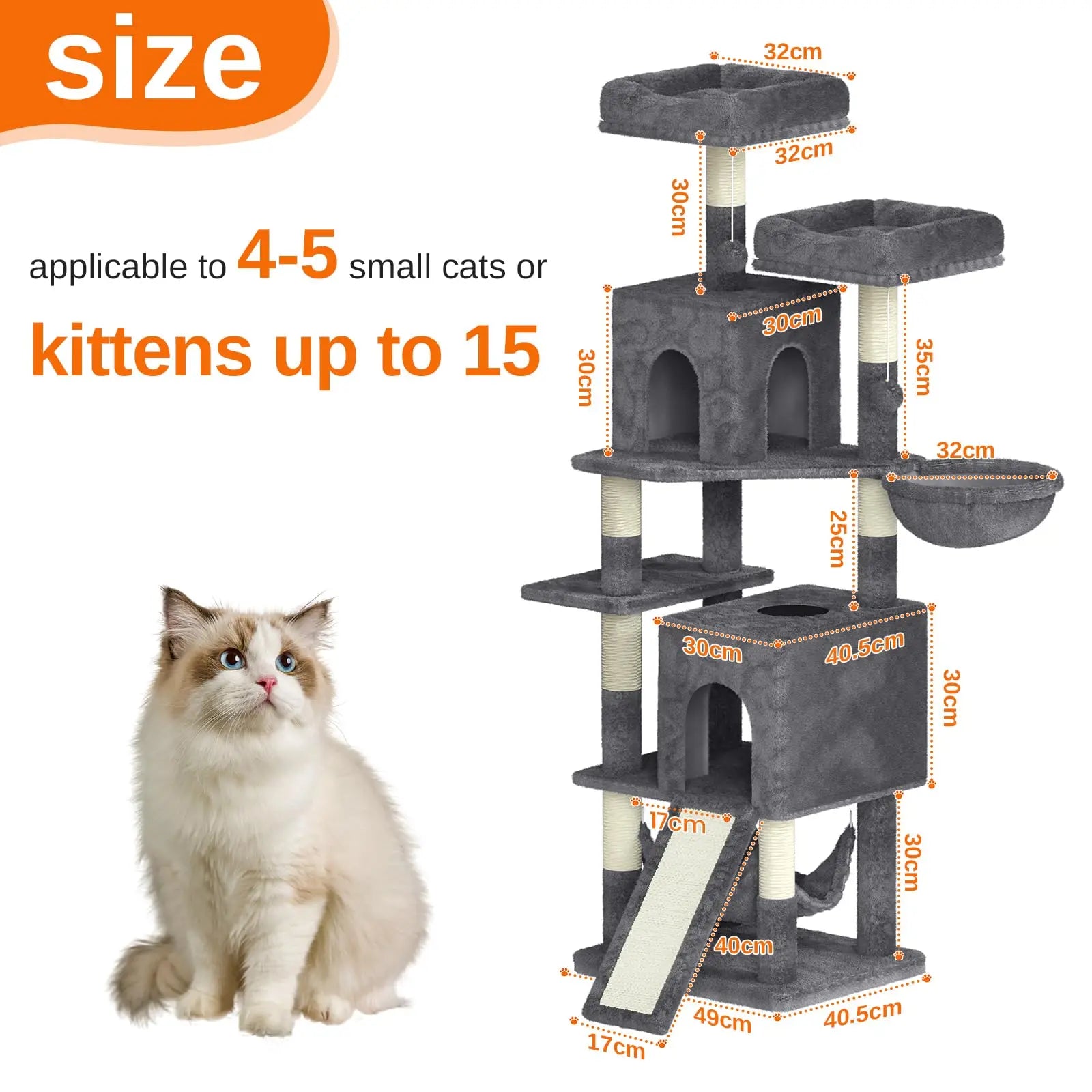 Katten Krabpaal 158 cm – Grote Kattenboom met 2 Huisjes, 2 Hangmatten & 7 Sisal Krabpalen – Luxe Klimtoren voor Binnenkatten