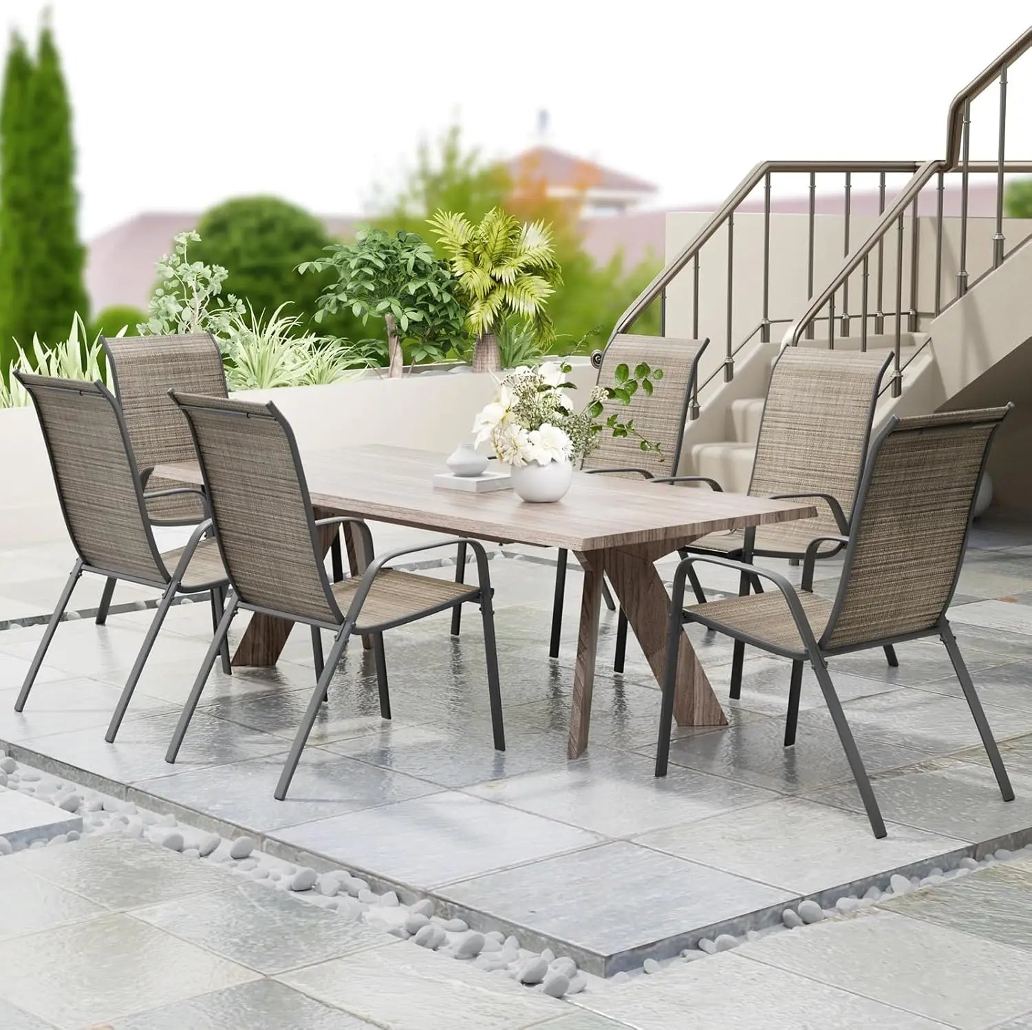 Set van 6 Stapelbare Tuinstoelen – Weerbestendige Terrasstoelen met Hoge Rugleuning – Metalen Tuinstoelen tot 150 kg