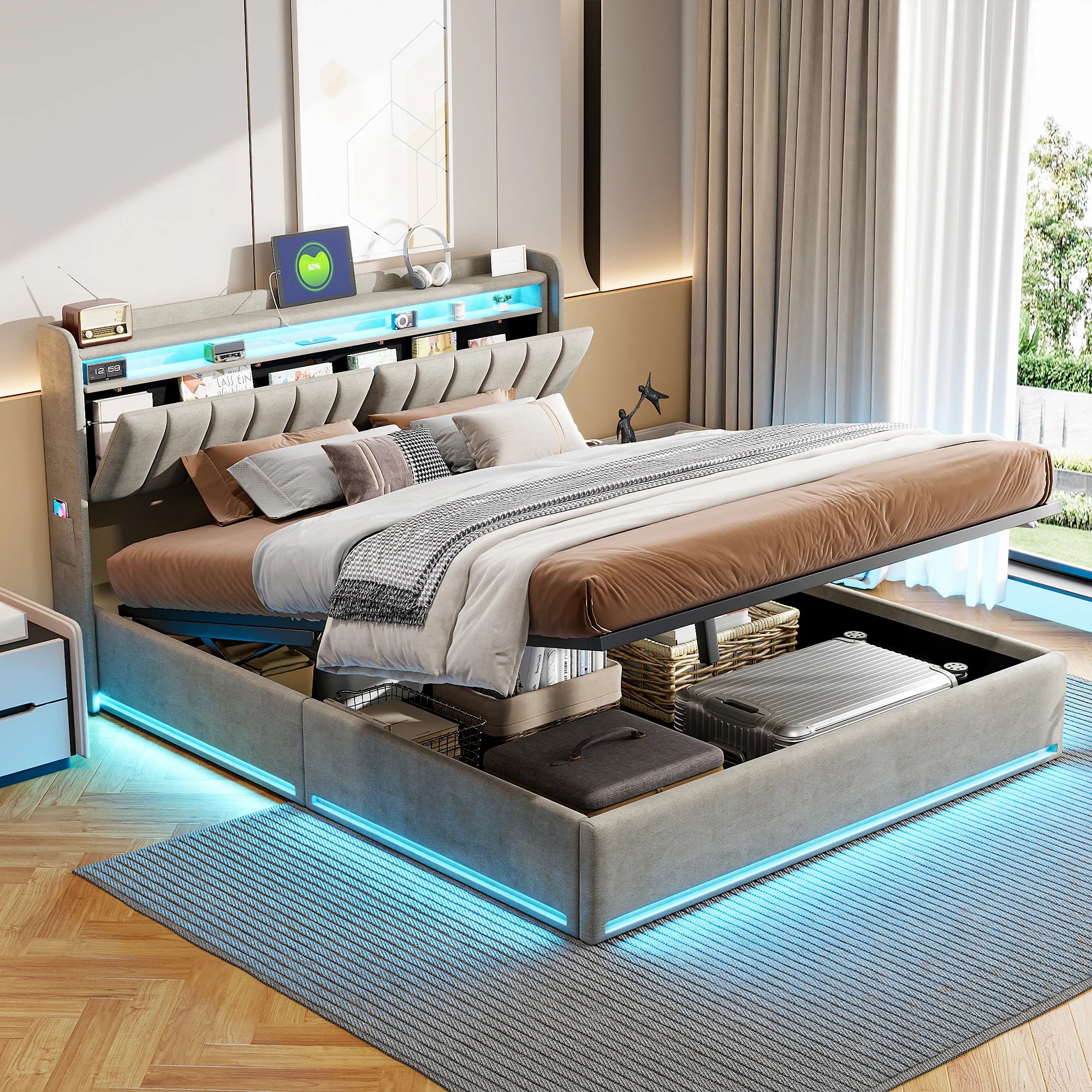 Tweepersoonsbed met geïntegreerde LED‑verlichting, USB‑oplaadfuncties en opbergruimte – Modern en functioneel bedframe