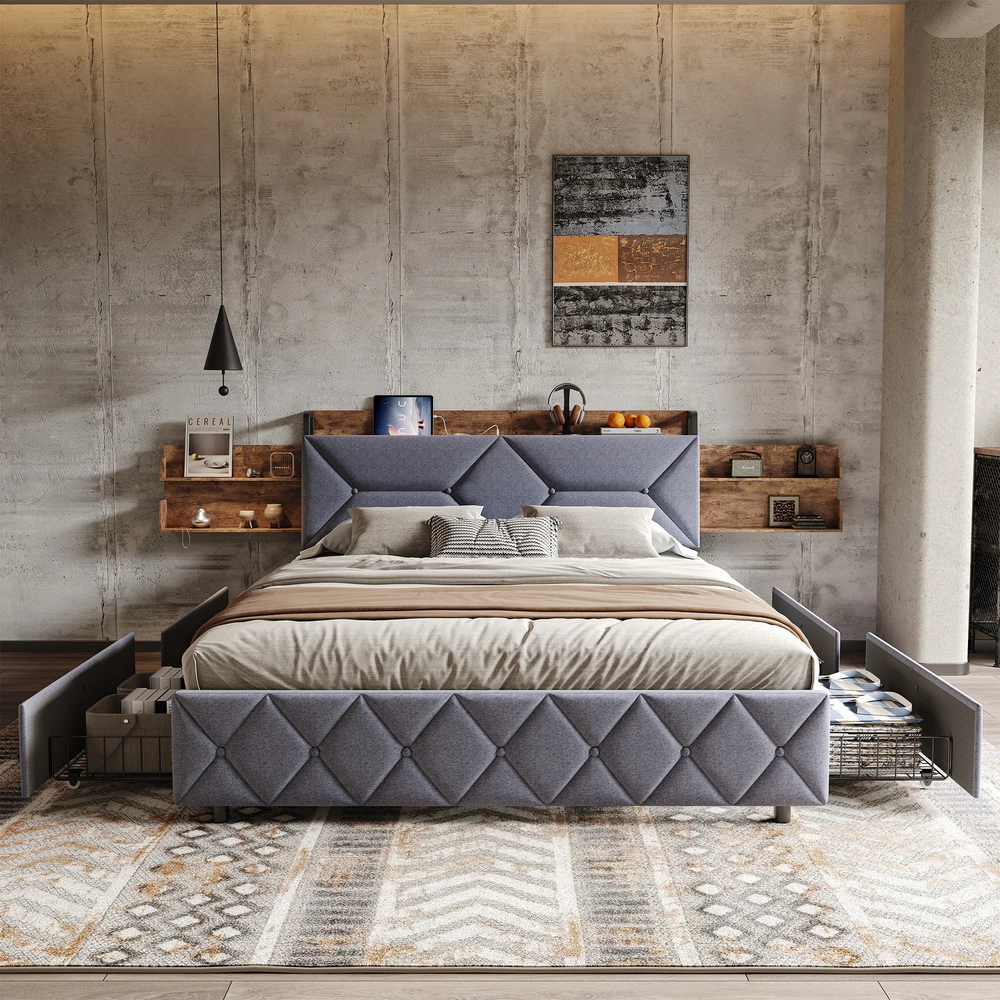 Gestoffeerd tweepersoonsbed met LED‑verlichting, USB‑oplaadfunctie en 4 lades – ideaal voor moderne slaapkamers