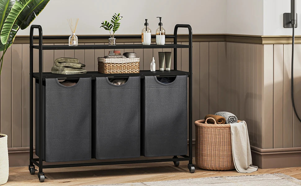 Wasmand met 3 Vakken & Wieltjes – Grote Wasverzamelaar met 2 Planken, Uitschuifbare Liners en Organizer – Voor Badkamer, Slaapkamer & Waskamer