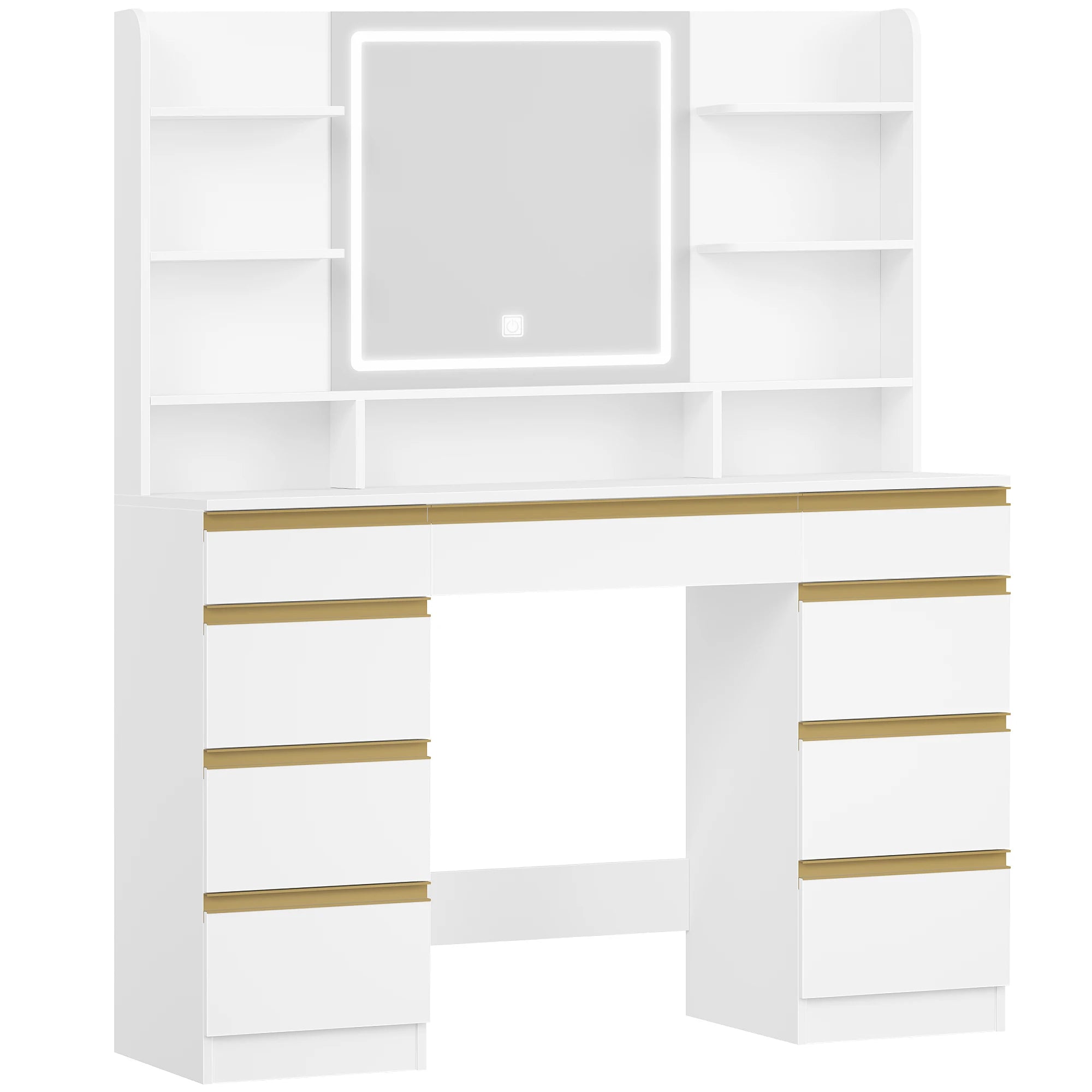 Kaptafel met LED Verlichting en Spiegel – 9 Laden & 9 Opbergvakken – Moderne Make-up Tafel met Verstelbare Verlichting – Wit Goud