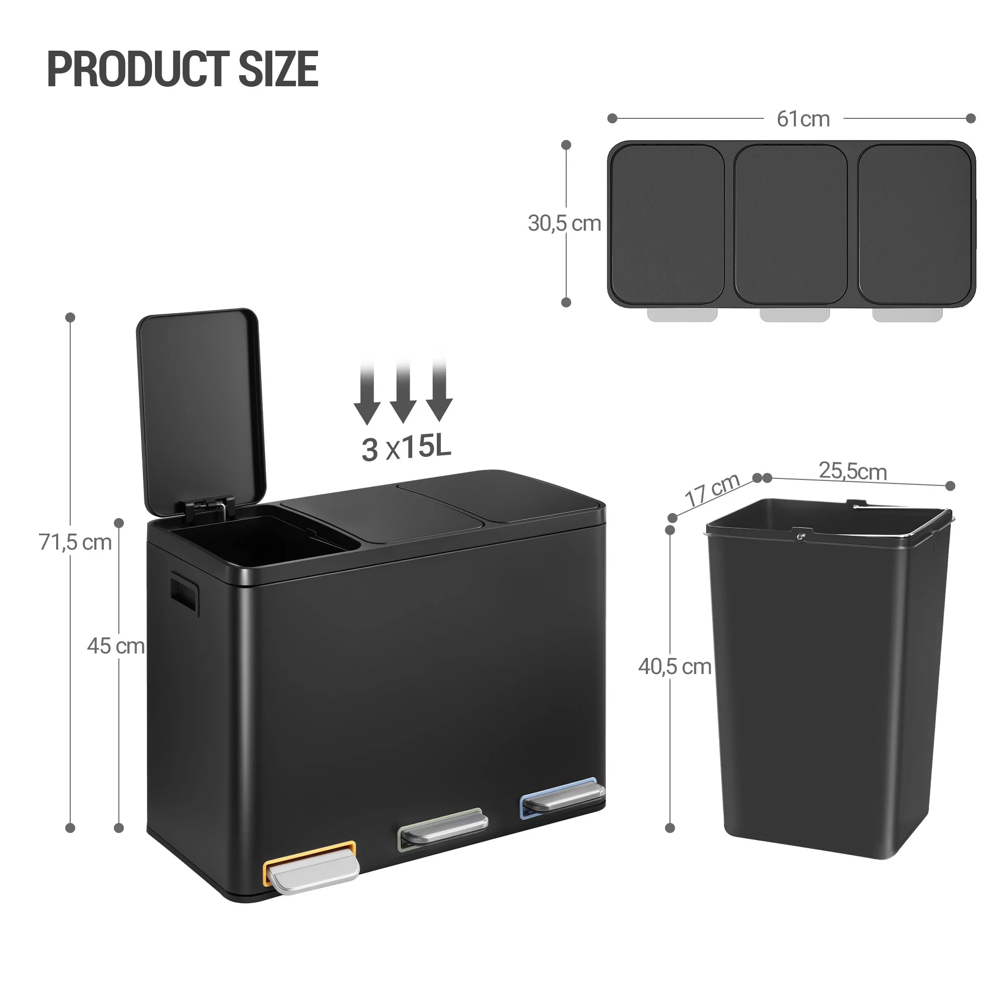 Moderne Keuken Prullenbak 45L – 3 Compartimenten Afvalscheiding – RVS Pedal Bin voor Keuken en Kantoor