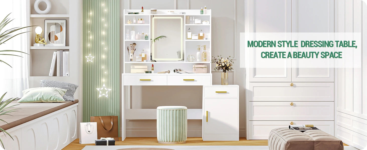 Kaptafel met LED Spiegel en Opbergruimte – Moderne Make-up Tafel met 3 Laden, Kast en Schappen – Witte Dressing Table voor Slaapkamer