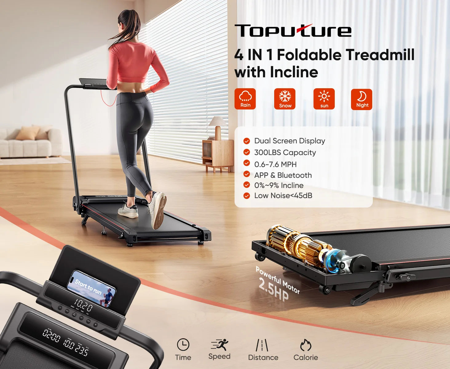 Opvouwbare Loopband 4-in-1 12 km/u – Elektrische Treadmill voor Thuis met Incline en App Bediening
