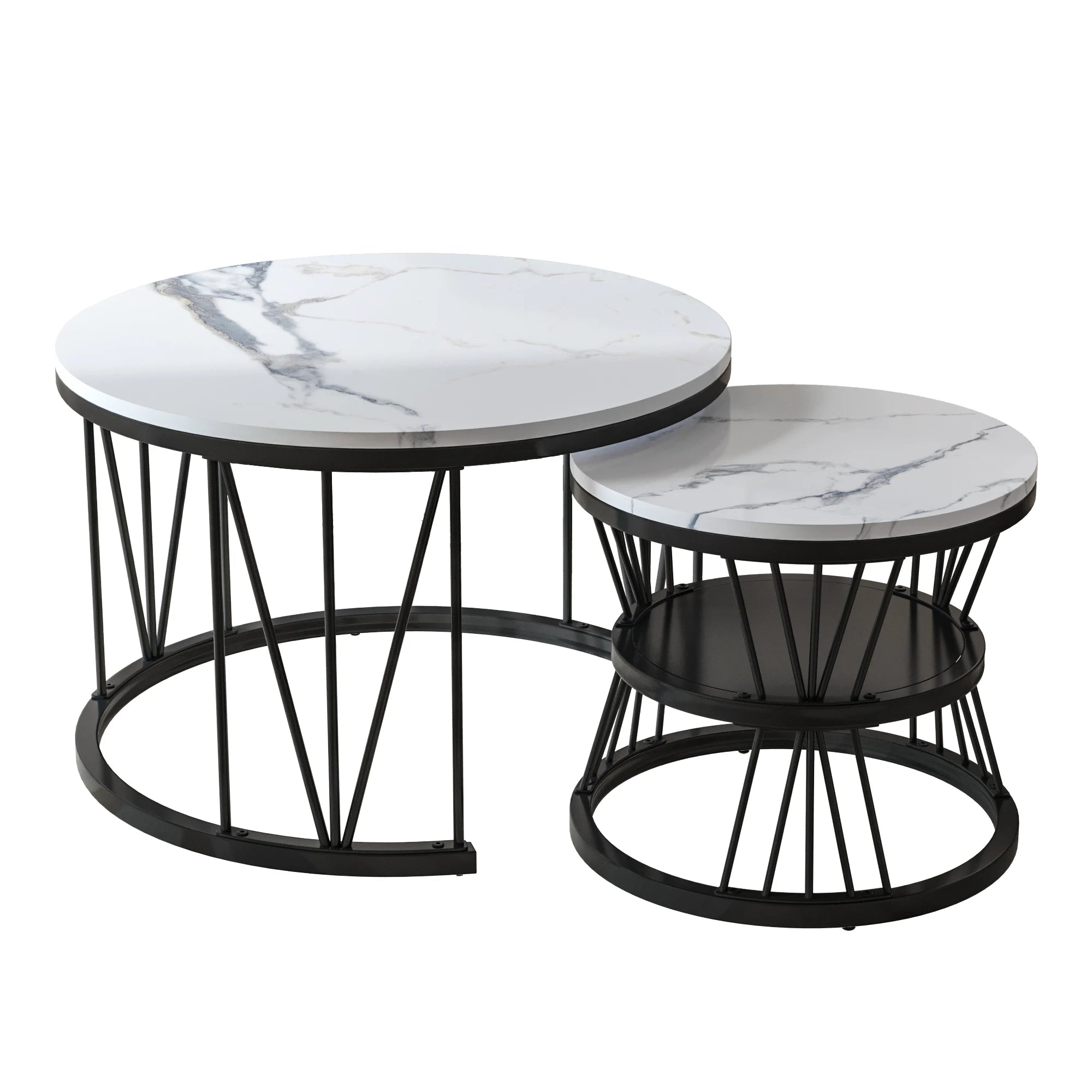 Set van 2 Ronde Marmeren Koffietafels – Goud/Wit – Luxe Salontafel Set