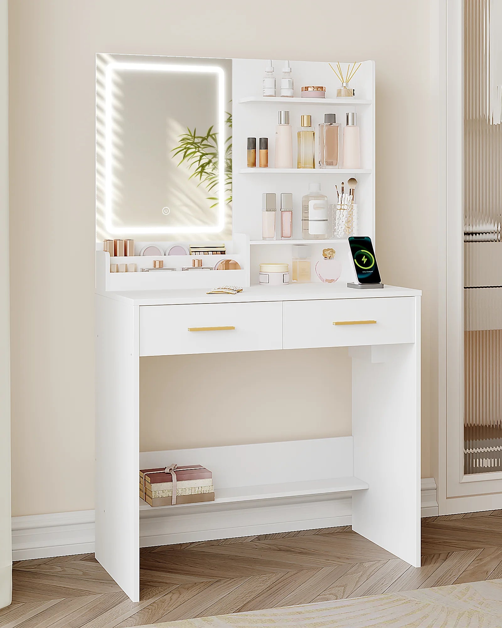 Kaptafel met LED Verlichting en Spiegel – Stopcontact & USB – 2 Lades en Opbergruimte – Moderne Witte Make-up Tafel
