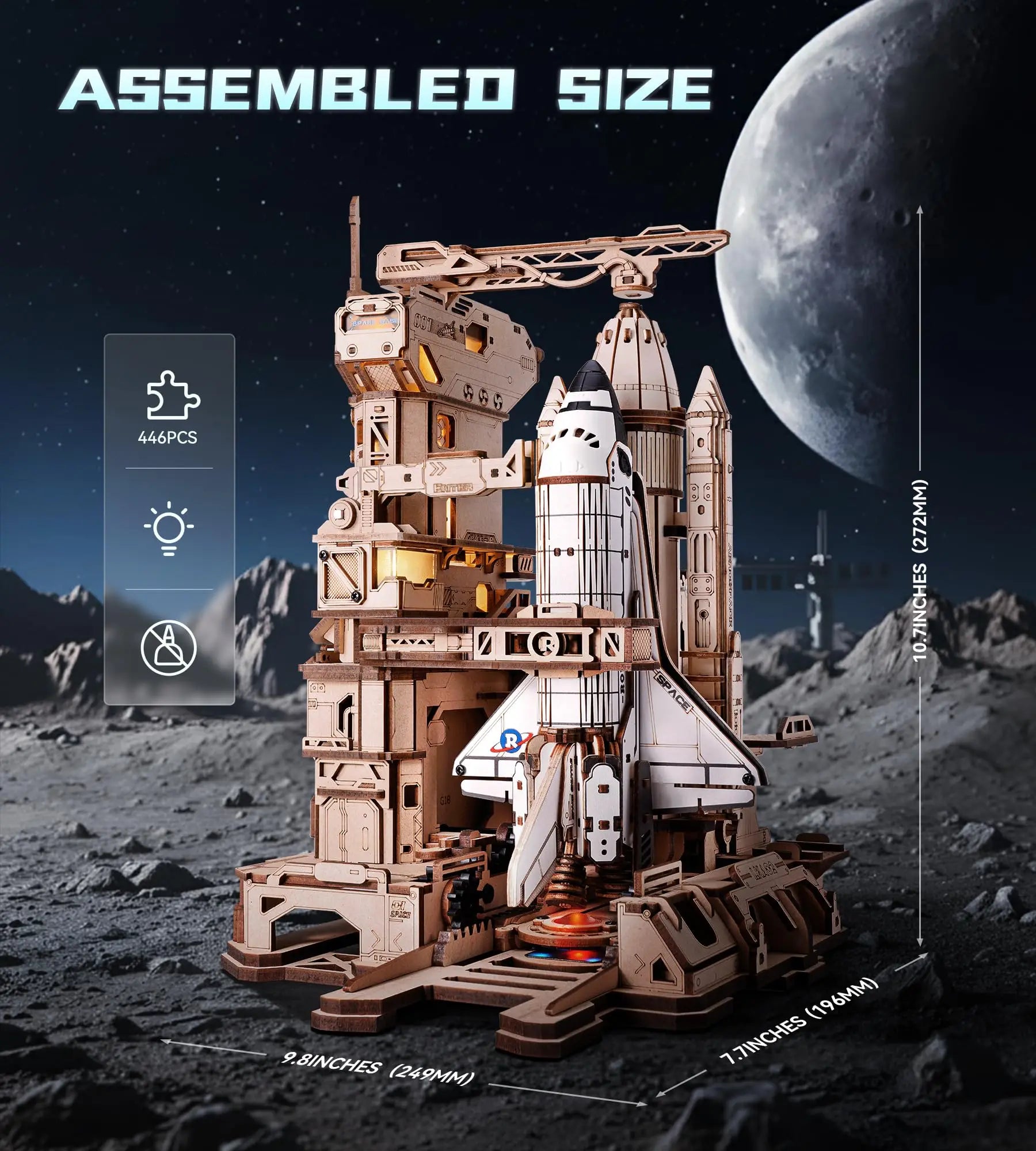 3D Houten Space Shuttle Puzzel met LED Licht – Mechanisch Bouwmodel voor Volwassenen en Tieners – Educatief STEM Cadeau