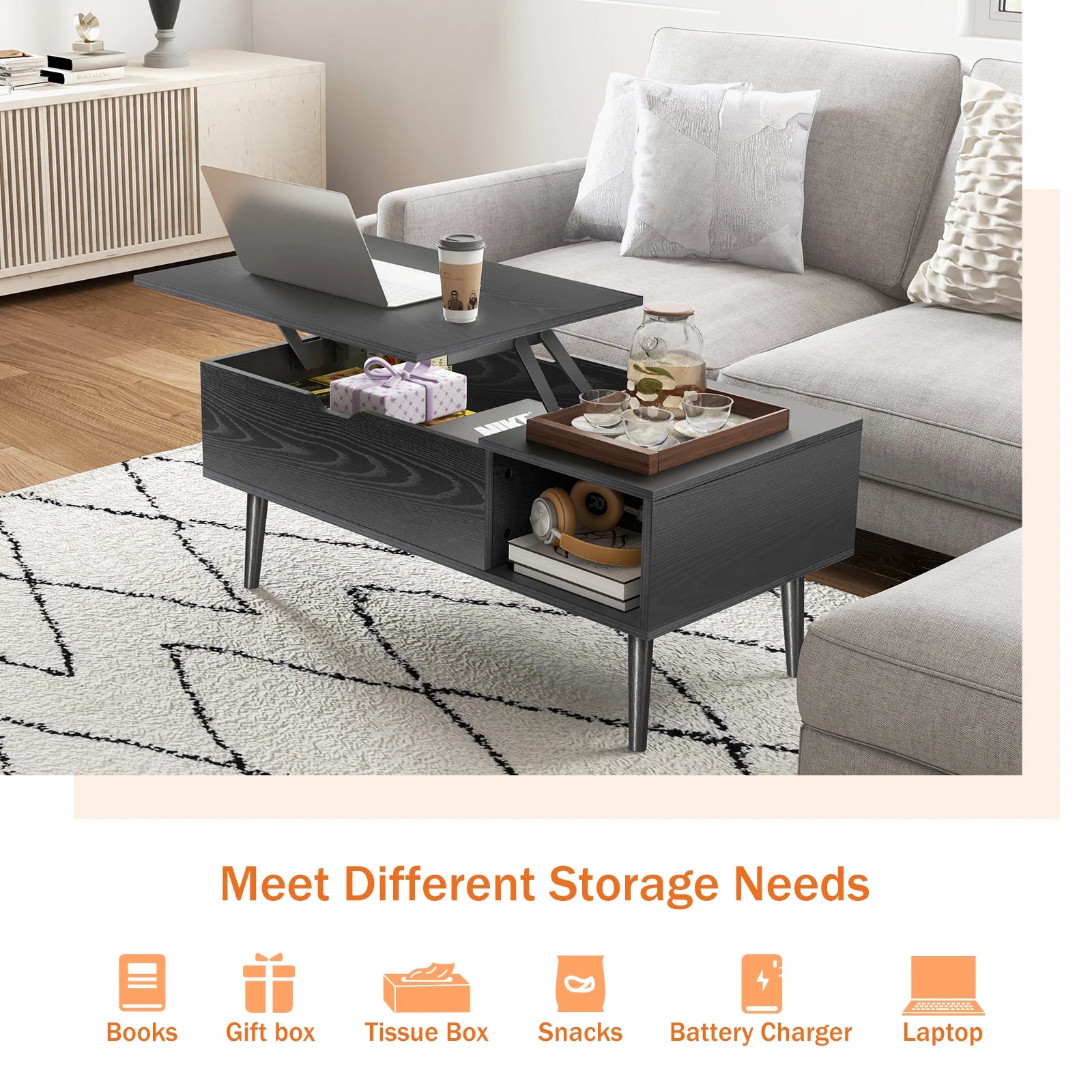 Verstelbare Salontafel met Lift‑Top en Opbergruimte – 100 × 50 cm