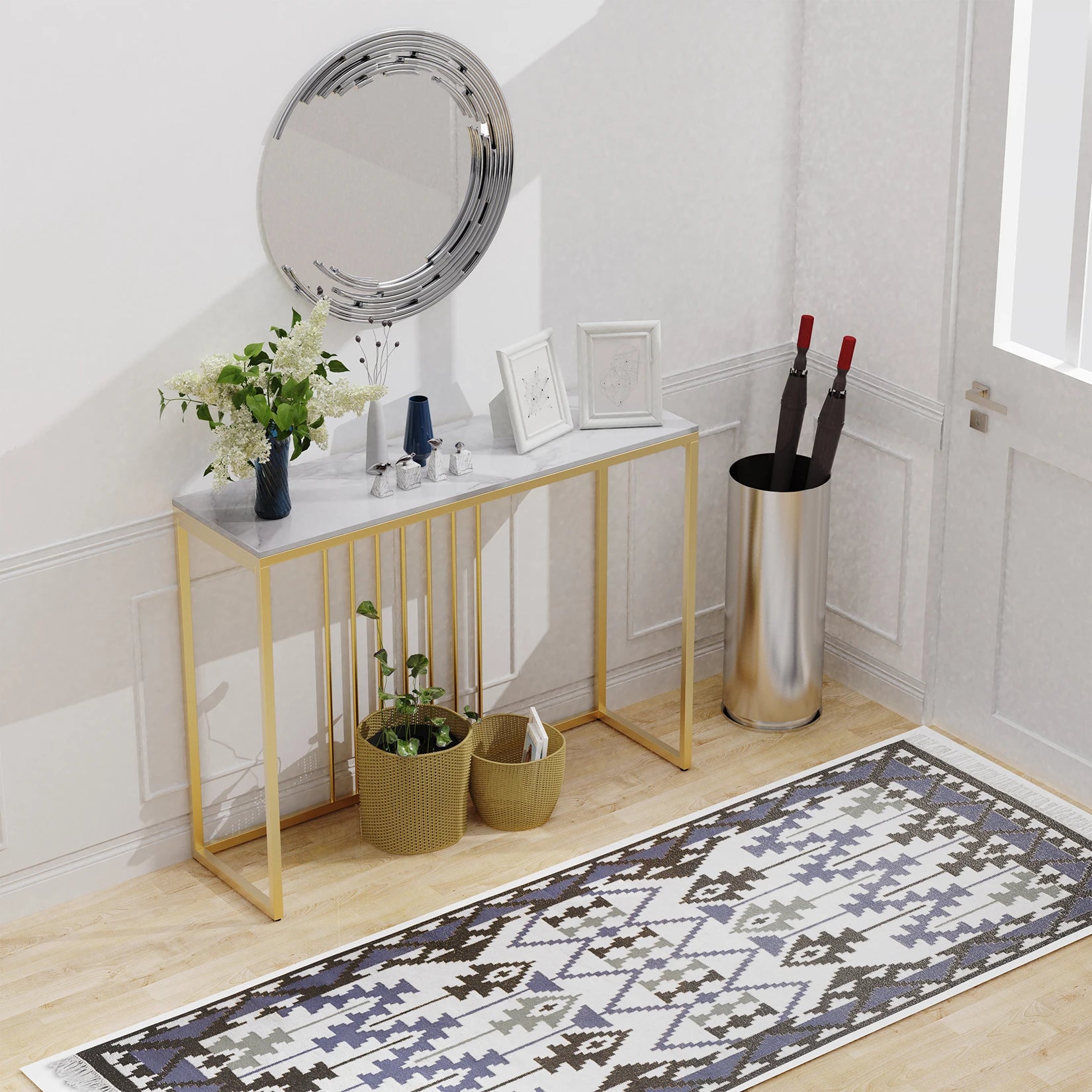 Moderne Marmeren Sidetable met Goud Frame – Smalle Console Tafel voor Hal, Entree en Woonkamer