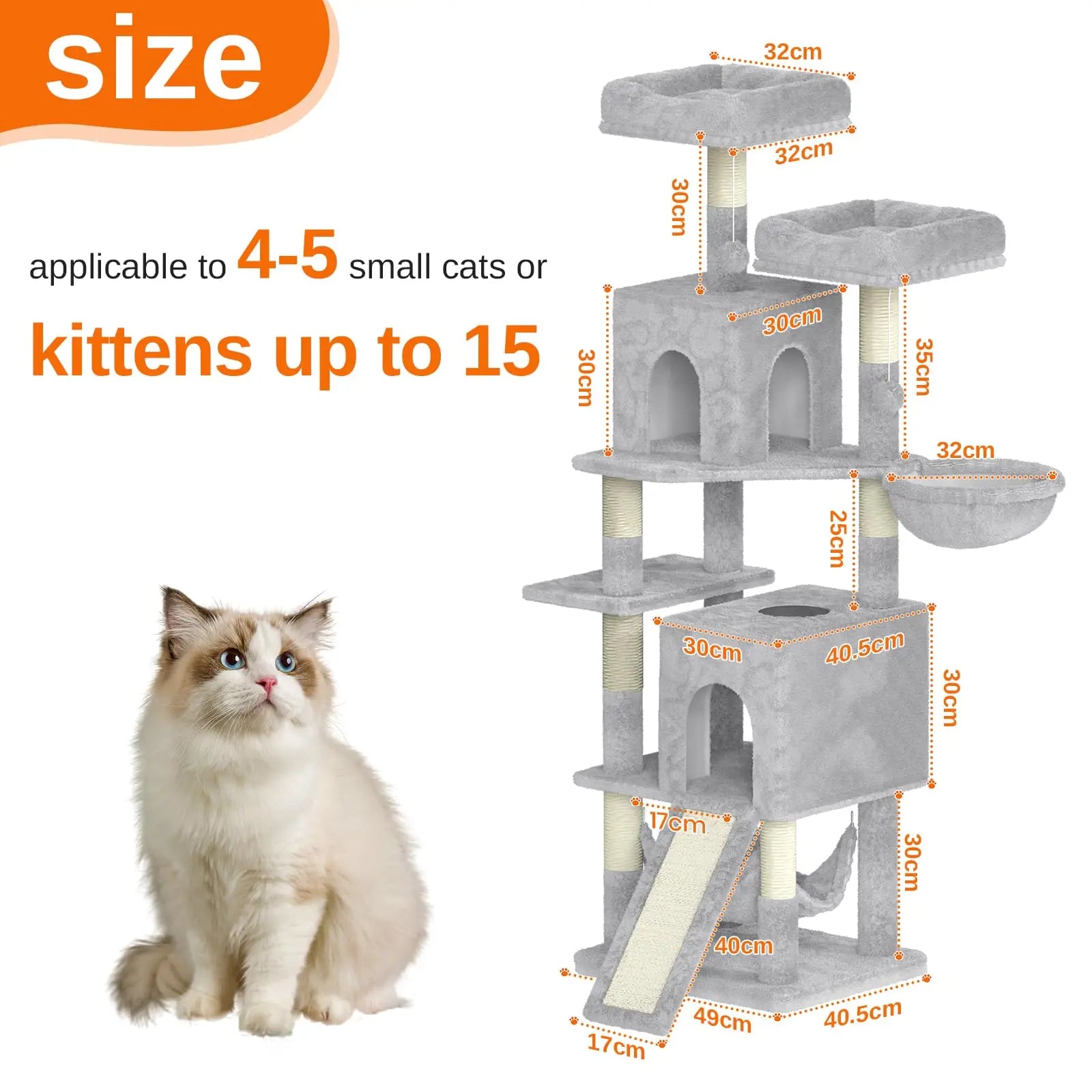 Katten Krabpaal 158 cm – Grote Kattenboom met 2 Huisjes, 2 Hangmatten & 7 Sisal Krabpalen – Luxe Klimtoren voor Binnenkatten