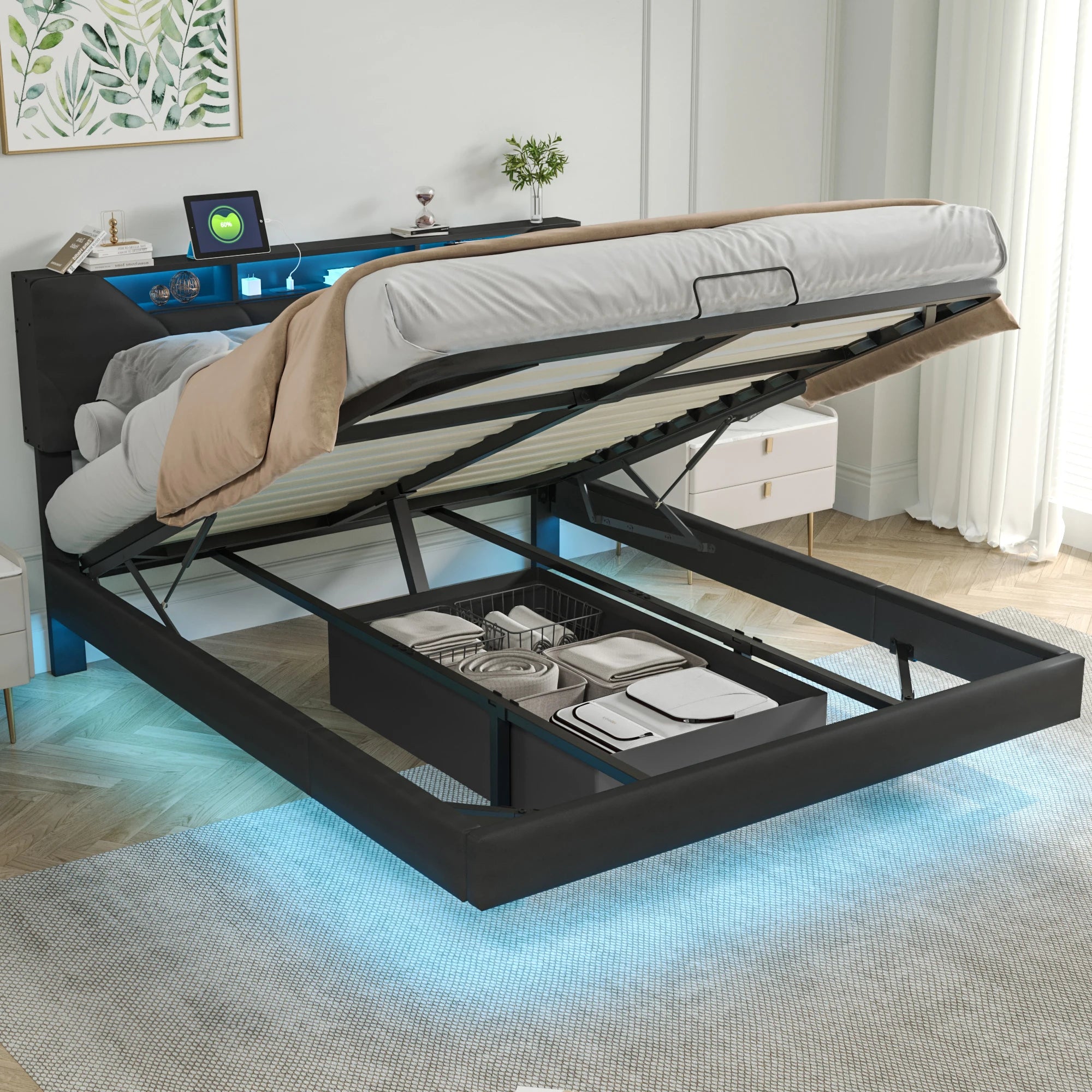Tweepersoonsbed 140x200 met LED‑verlichting, USB‑poorten en royale opbergruimte