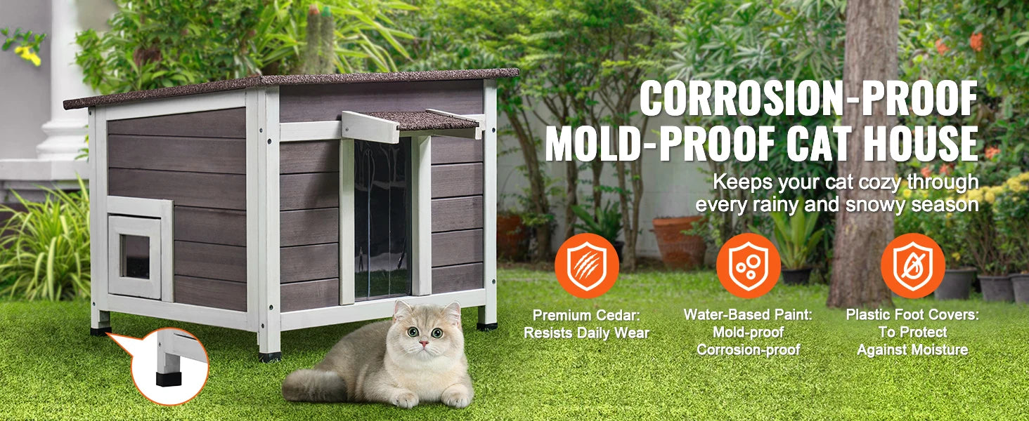 Geïsoleerd Buiten Kattenhuis Hout – Weerbestendig Kattenhok met Dak en PVC Deur – Winterproof Kattenverblijf voor Buiten