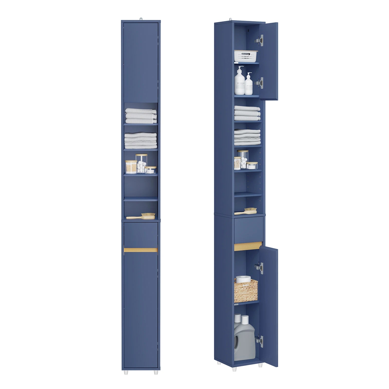 Hoge, Smalle Badkamerkast 20×180×20 cm – Vochtbestendige Opbergkast met Lade en Verstelbare Planken