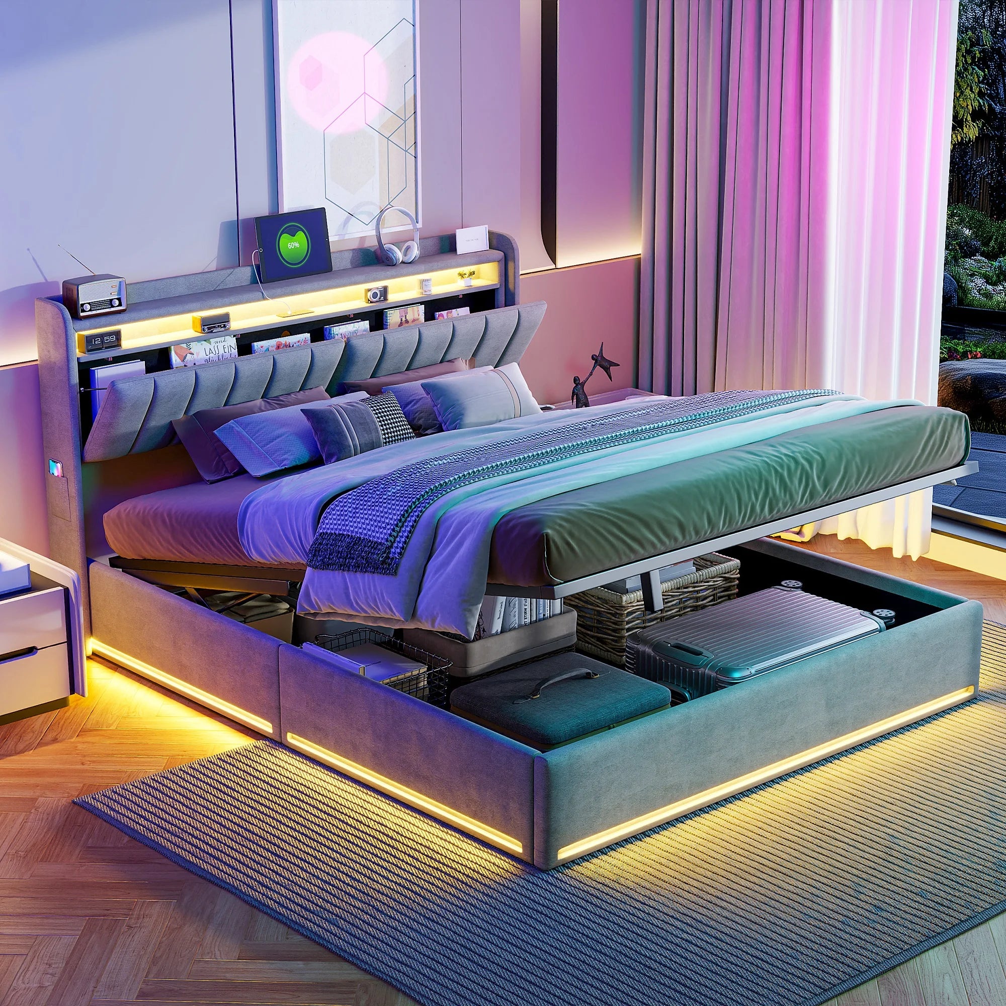 Tweepersoonsbed met geïntegreerde LED‑verlichting, USB‑oplaadfuncties en opbergruimte – Modern en functioneel bedframe