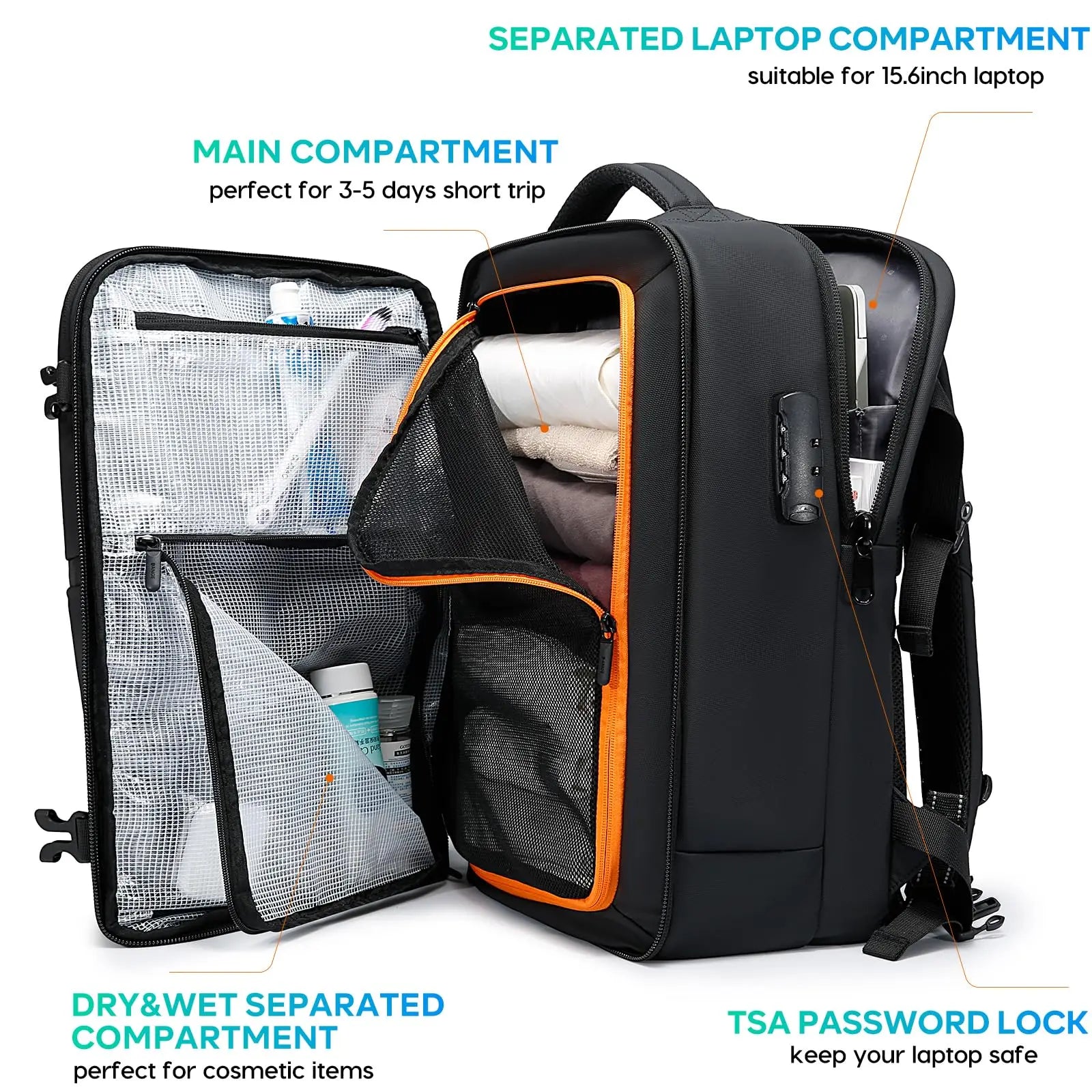 Anti‑diefstal Waterdichte Laptop Rugzak 15.6 Inch – Handbagage Reistas met Wet & Dry Scheiding