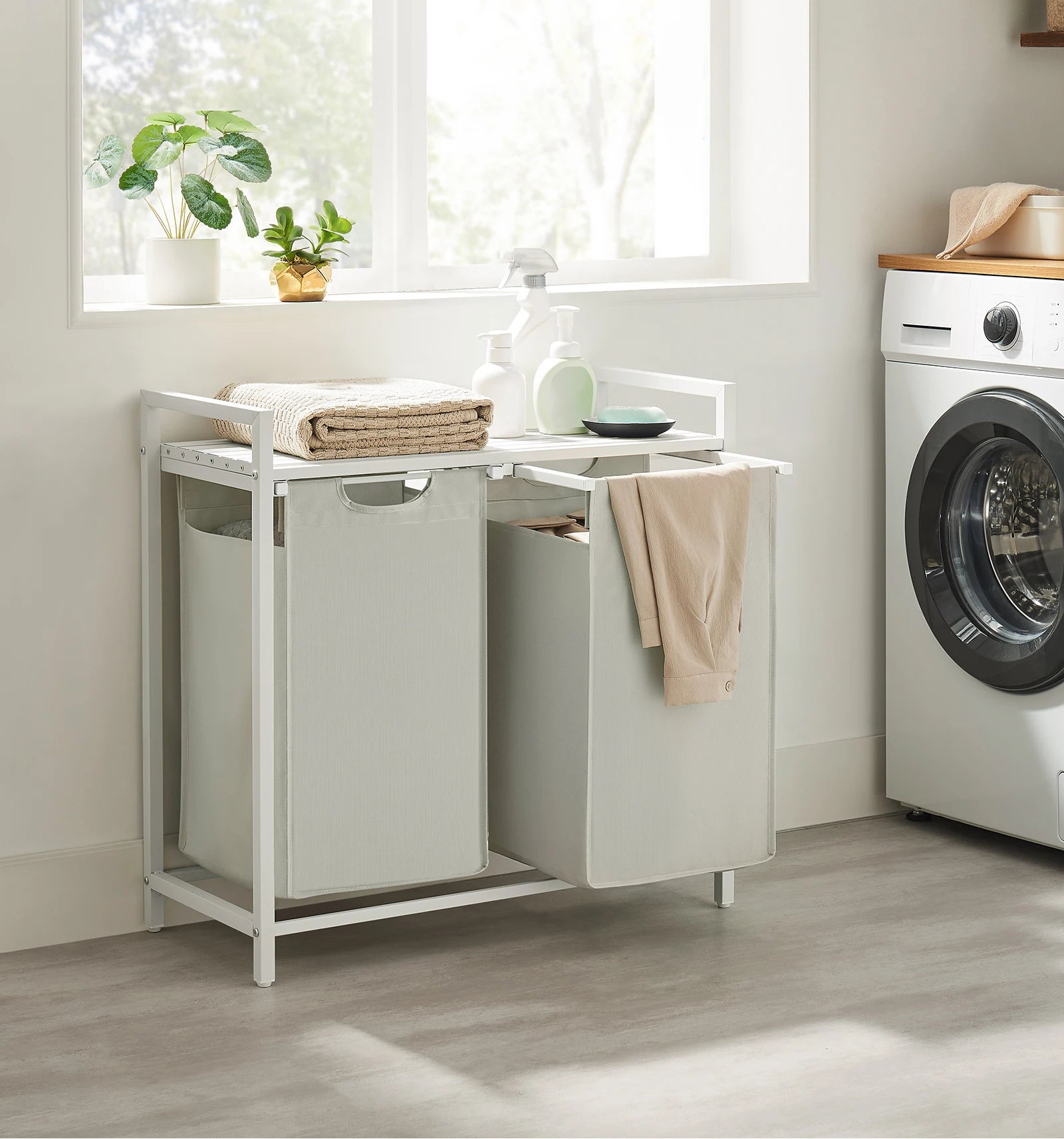 Grote Dubbele Wasmand met 2 Vakjes - 92 L - Stevig Frame & Afneembare Waszakken