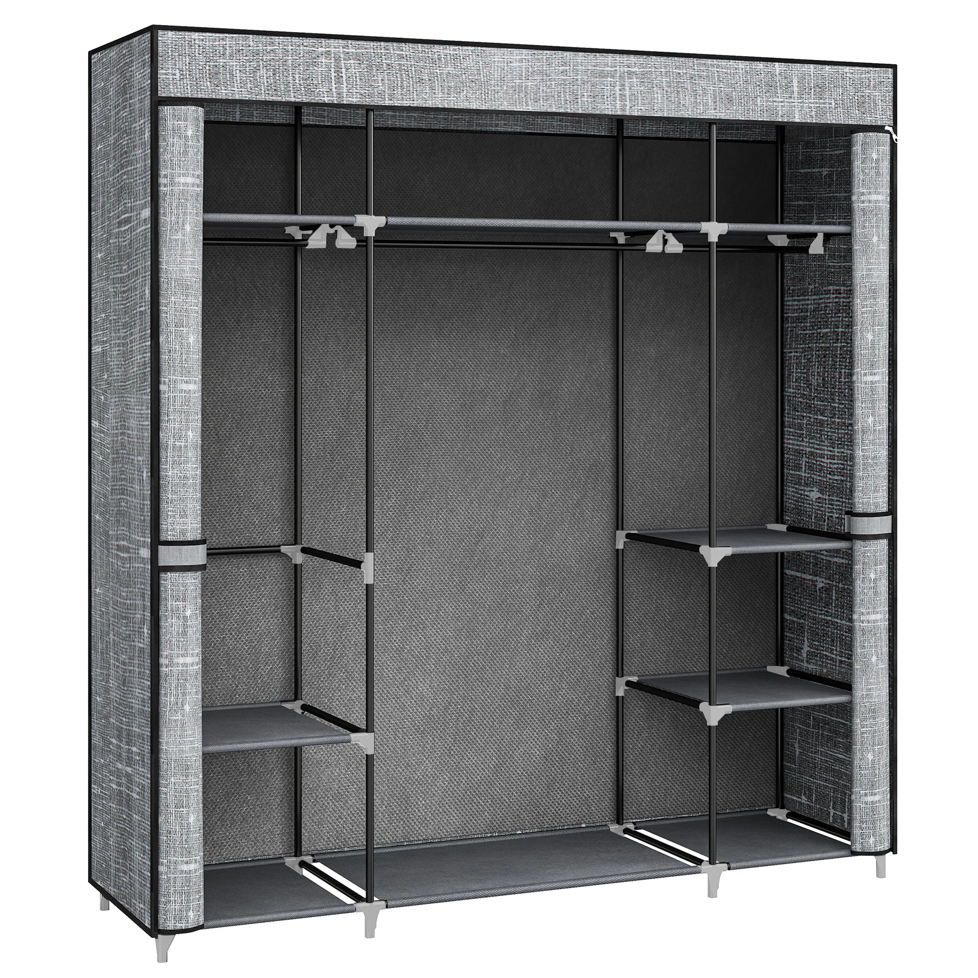 Opvouwbare Kledingkast met Stof – 162x43x175 cm – Draagbare Garderobekast met 3 Hangroedes en 9 Opbergvakken – Zwarte Stoffen Kast voor Slaapkamer