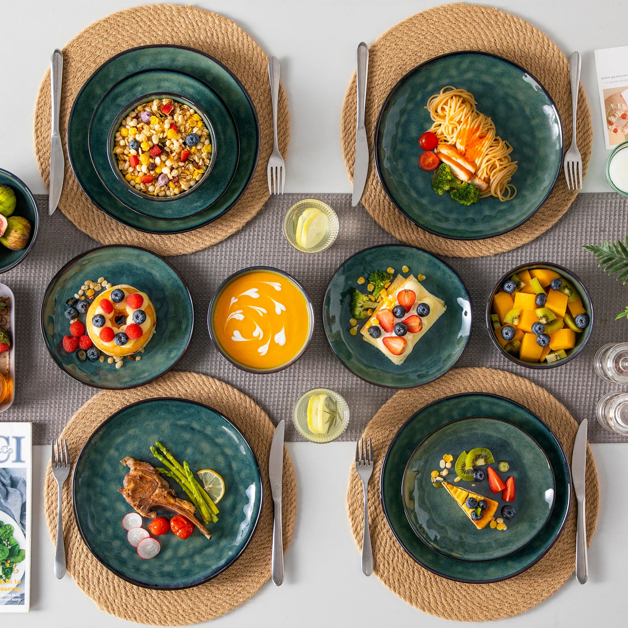 Groene Keramische Borden Set 12/24-Delig – Steengoed Servies voor 4 of 8 Personen – Modern & Magnetronbestendig