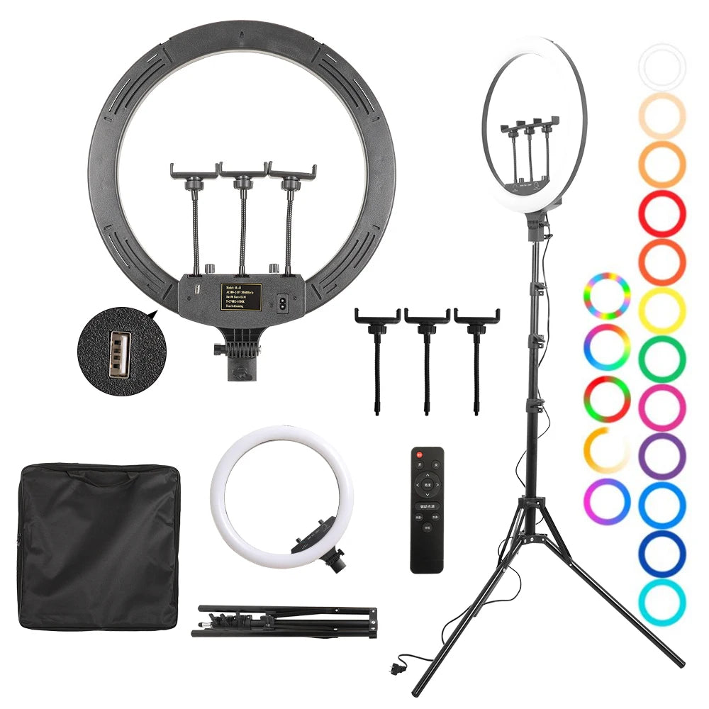 Dimbare 18 Inch RGB Selfie Ringlamp met Tripod en Telefoonhouder – Make-up, YouTube en Fotografie Studio Verlichting