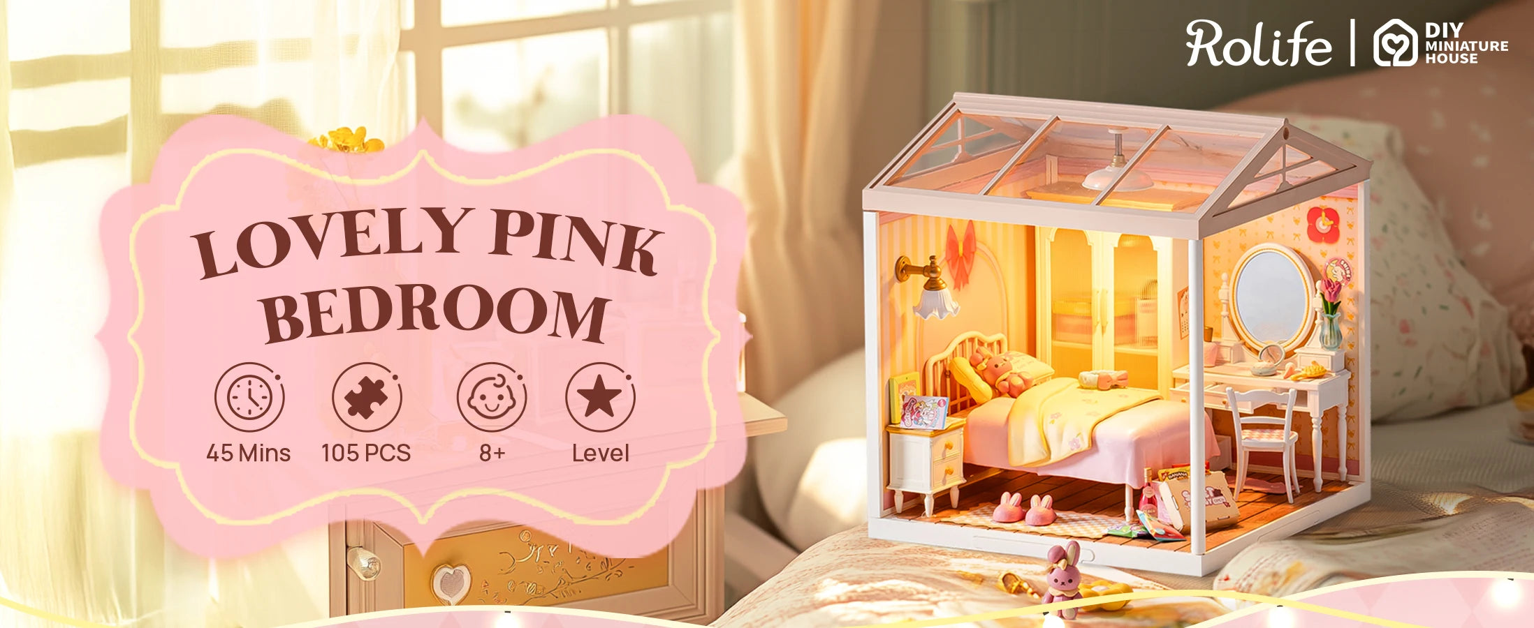 3D Puzzel Miniatuur Roze Slaapkamer – DIY Bouwset voor Creatieve Hobbyisten en Poppenhuisfans