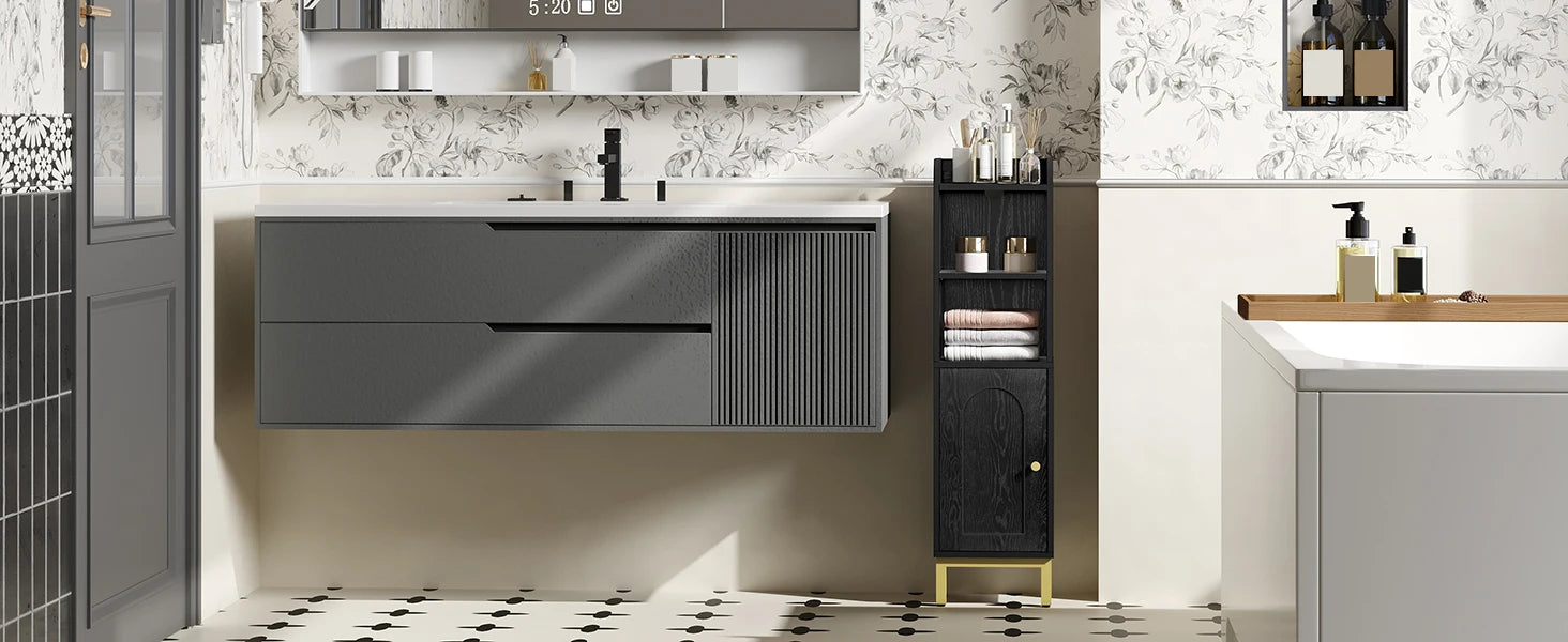 Smalle Badkamerkast met Deur en Verstelbare Planken – Ruimtebesparende Toiletkast – Moderne Badkamer Opbergkast Wit/Zwart