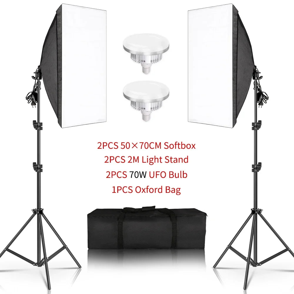 Professionele Fotostudio Softbox Set 2x 50x70 cm LED met Verstelbaar Statief – Studioverlichting voor Fotografie en Video