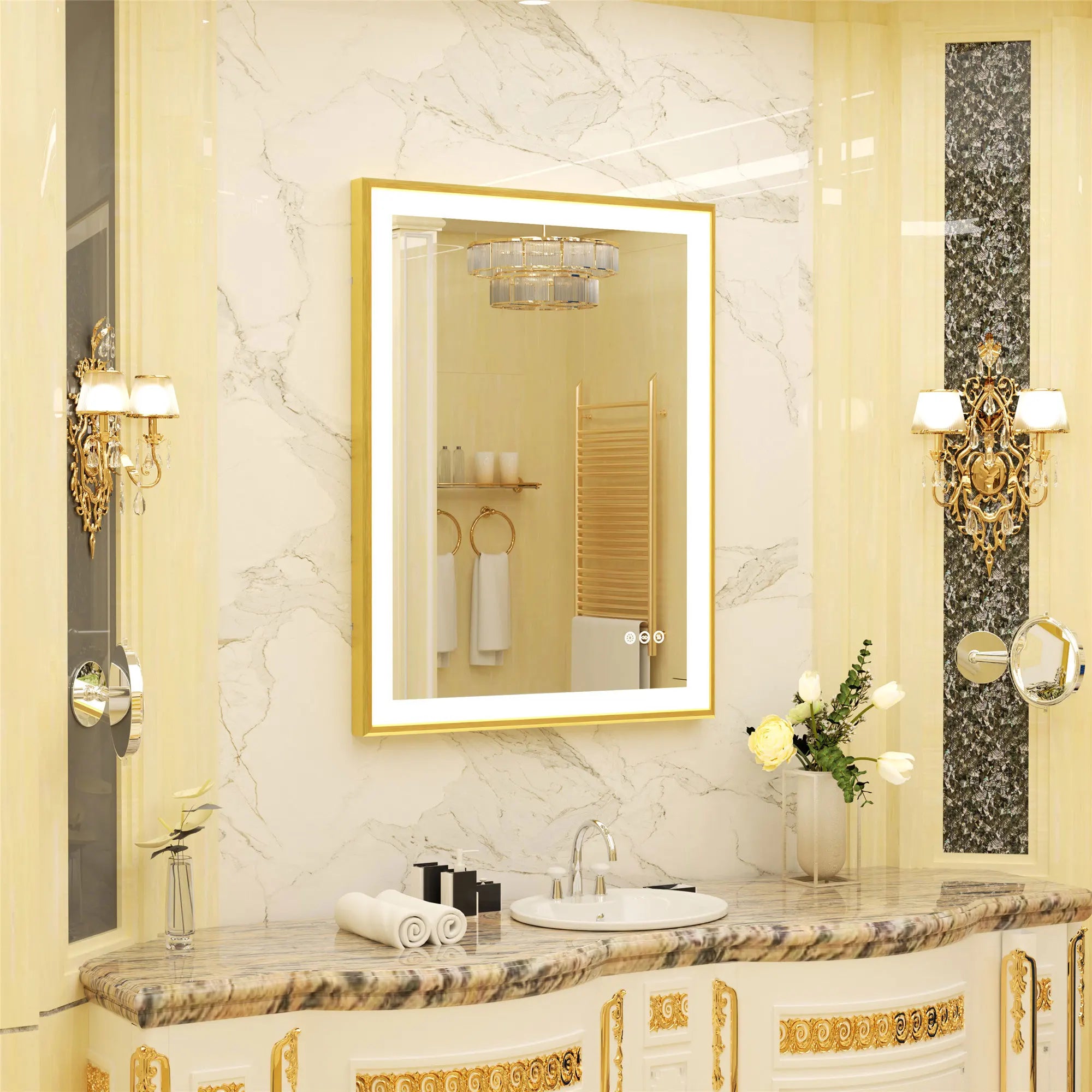 LED Badkamerspiegel Goud Frame – Dimbaar met 3 Lichtkleuren & Anti-Condens
