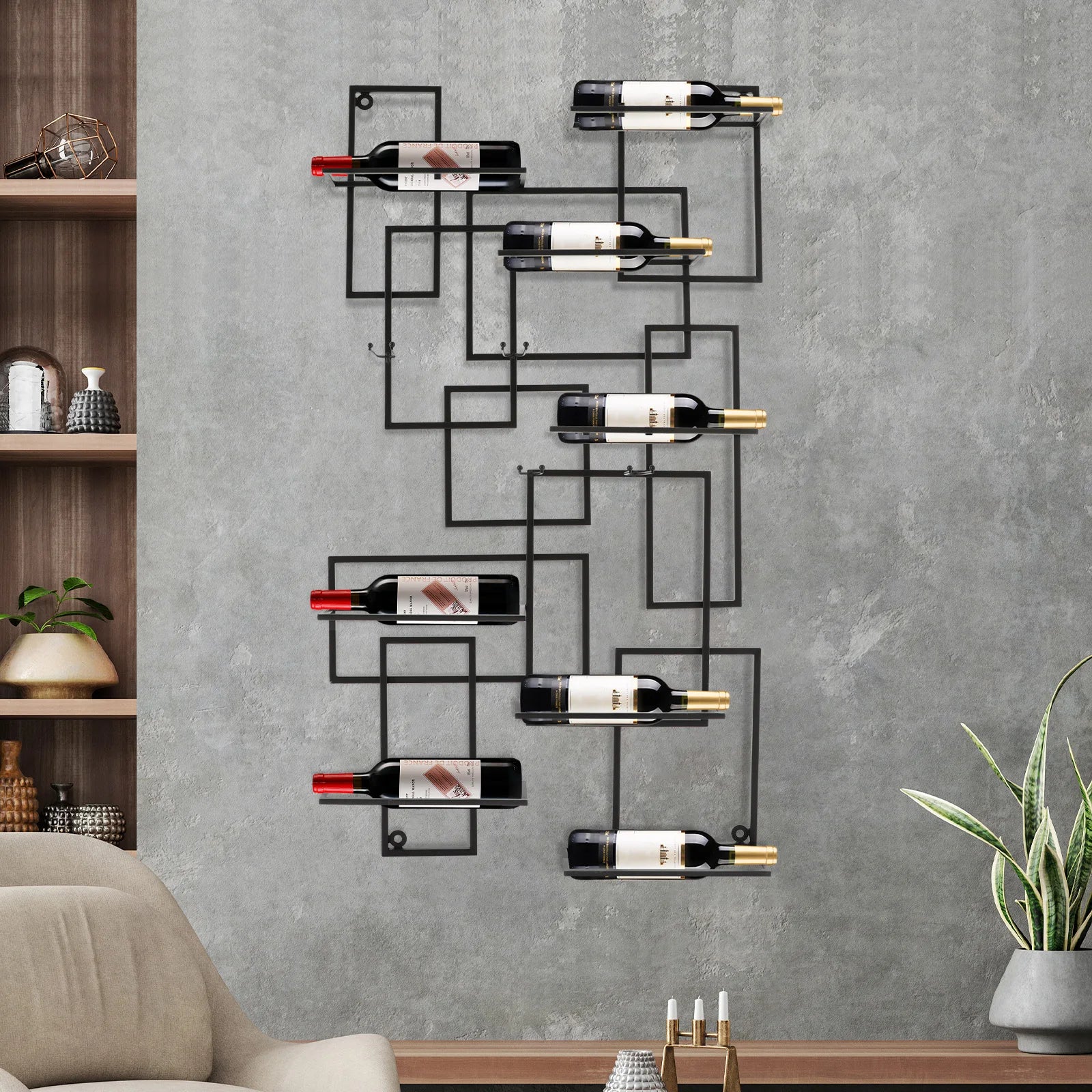 Wand Wijnrek Metaal Zwart – Modern Geometrisch Design – Wijnrek voor 10 Flessen – Industrieel & Luxe Wanddecoratie