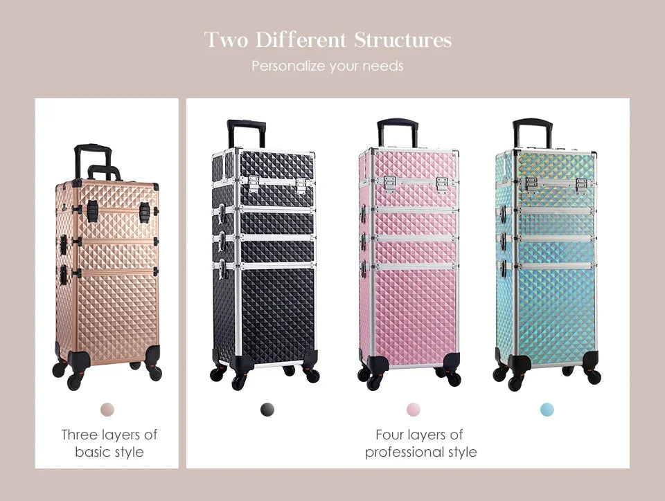 Professionele Make-up Trolley Koffer 4-in-1 – Aluminium Opbergkoffer met Wieltjes en Afneembare Compartimenten – Voor Cosmetica, Nageltools en Reis