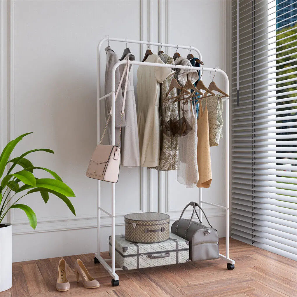 Heavy Duty Kledingrek op Wielen – Dubbele Stangen met Opbergrek voor Slaapkamer, Wasruimte en Winkel