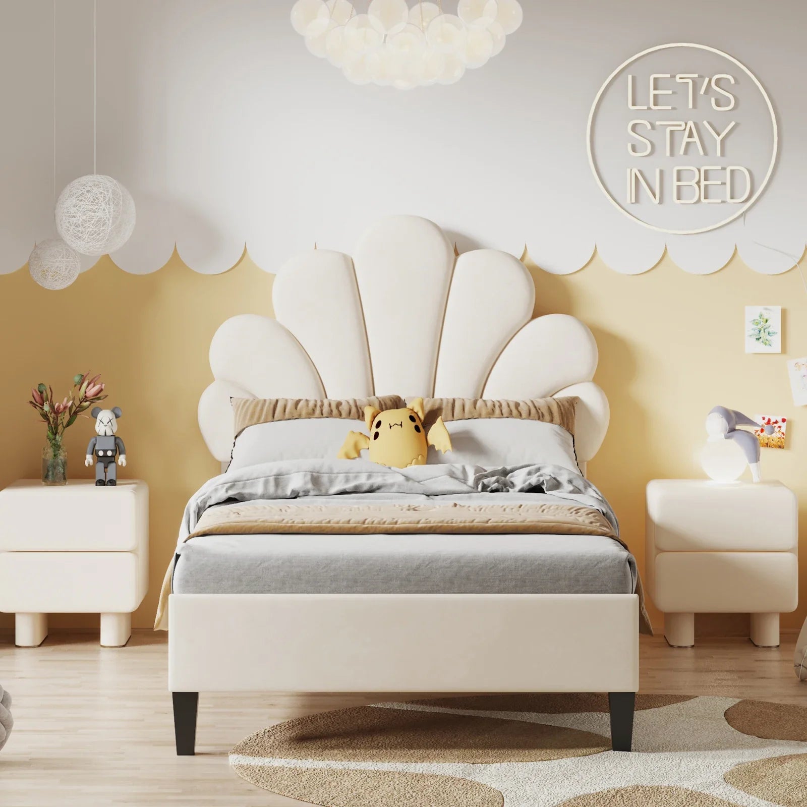 Kinderbed 90x200 Meisjesbed Fluweel Bloemenkroon – Speels & Stijlvol