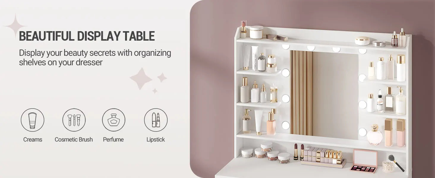 Moderne Witte Kaptafel met Spiegel, Planken en 2 Lades – Kaptafel voor Slaapkamer met Instelbare Verlichting