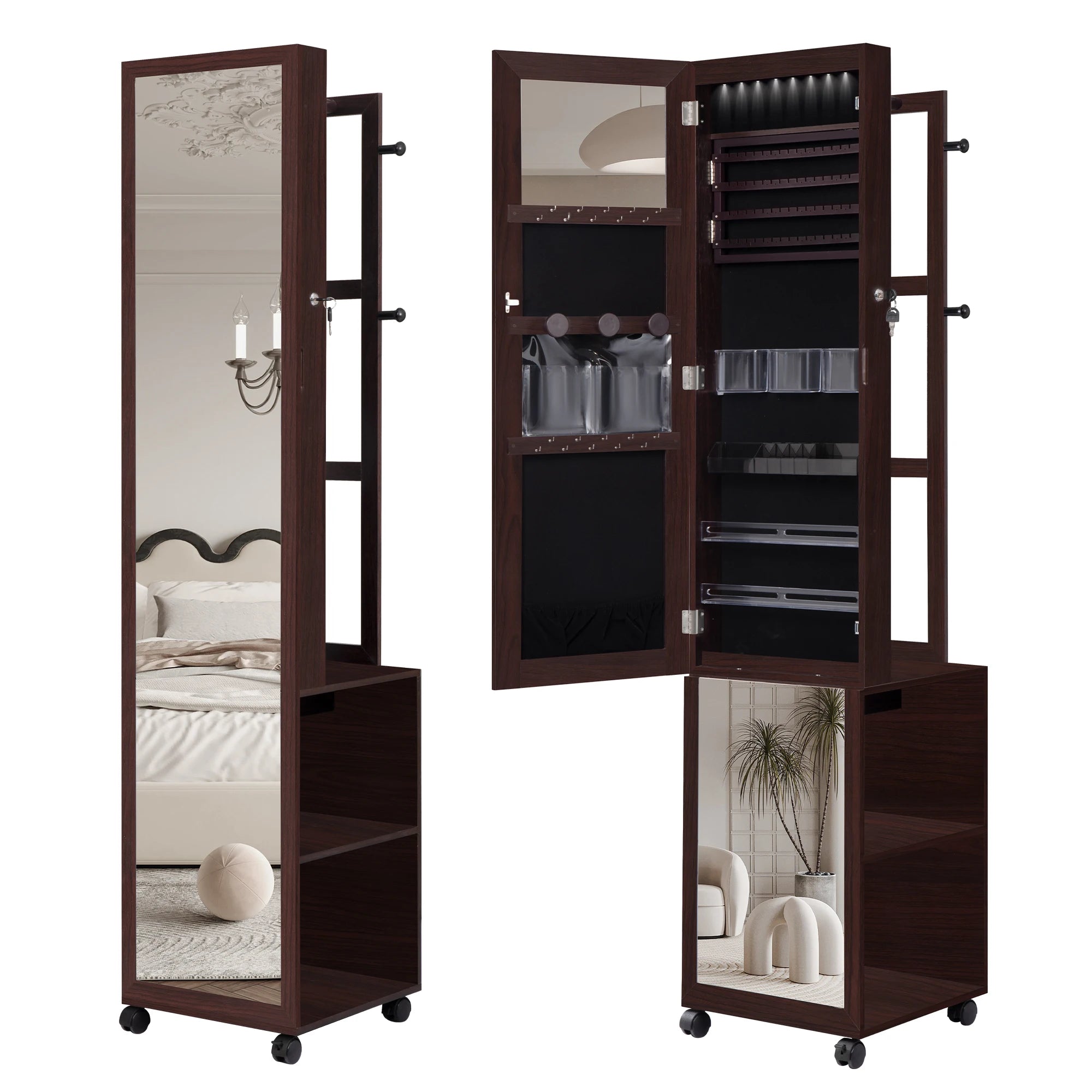Sieradenkast met Spiegel en LED Verlichting – Staande Sieraden Organizer met Kledingrek, Opbergrek en Wielen